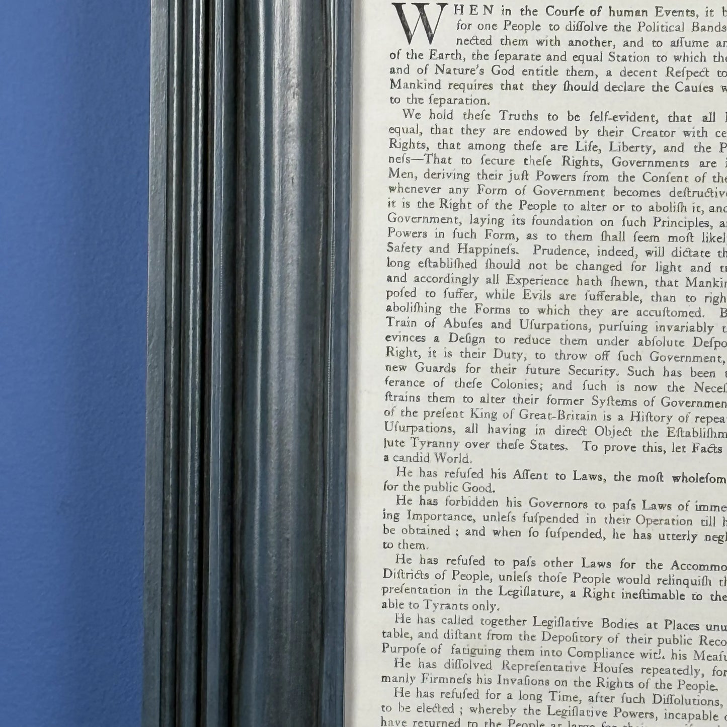 Edes and Gill Broadside "Declaration of Independence" in a handmade solid wood frame in Federal blue