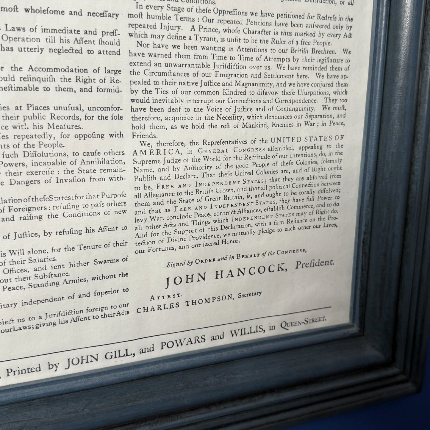 Edes and Gill Broadside "Declaration of Independence" in a handmade solid wood frame in Federal blue