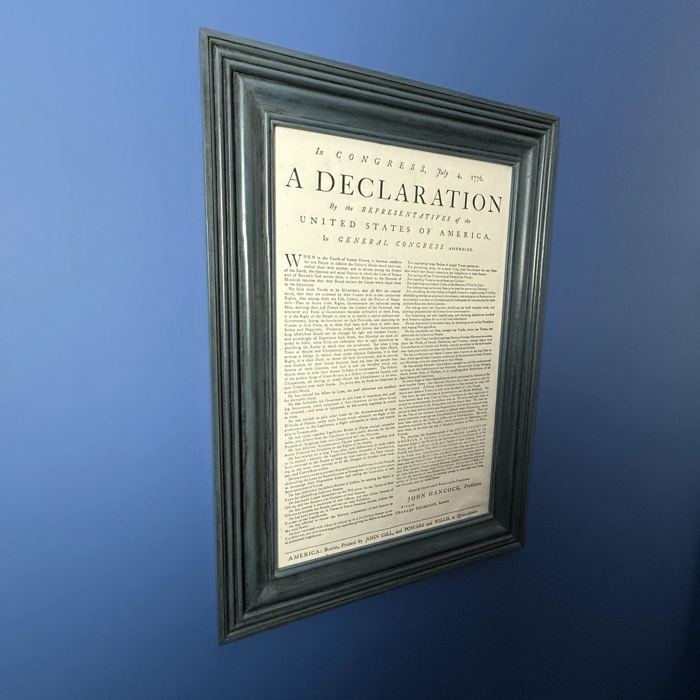 Edes and Gill Broadside "Declaration of Independence" in a handmade solid wood frame in Federal blue