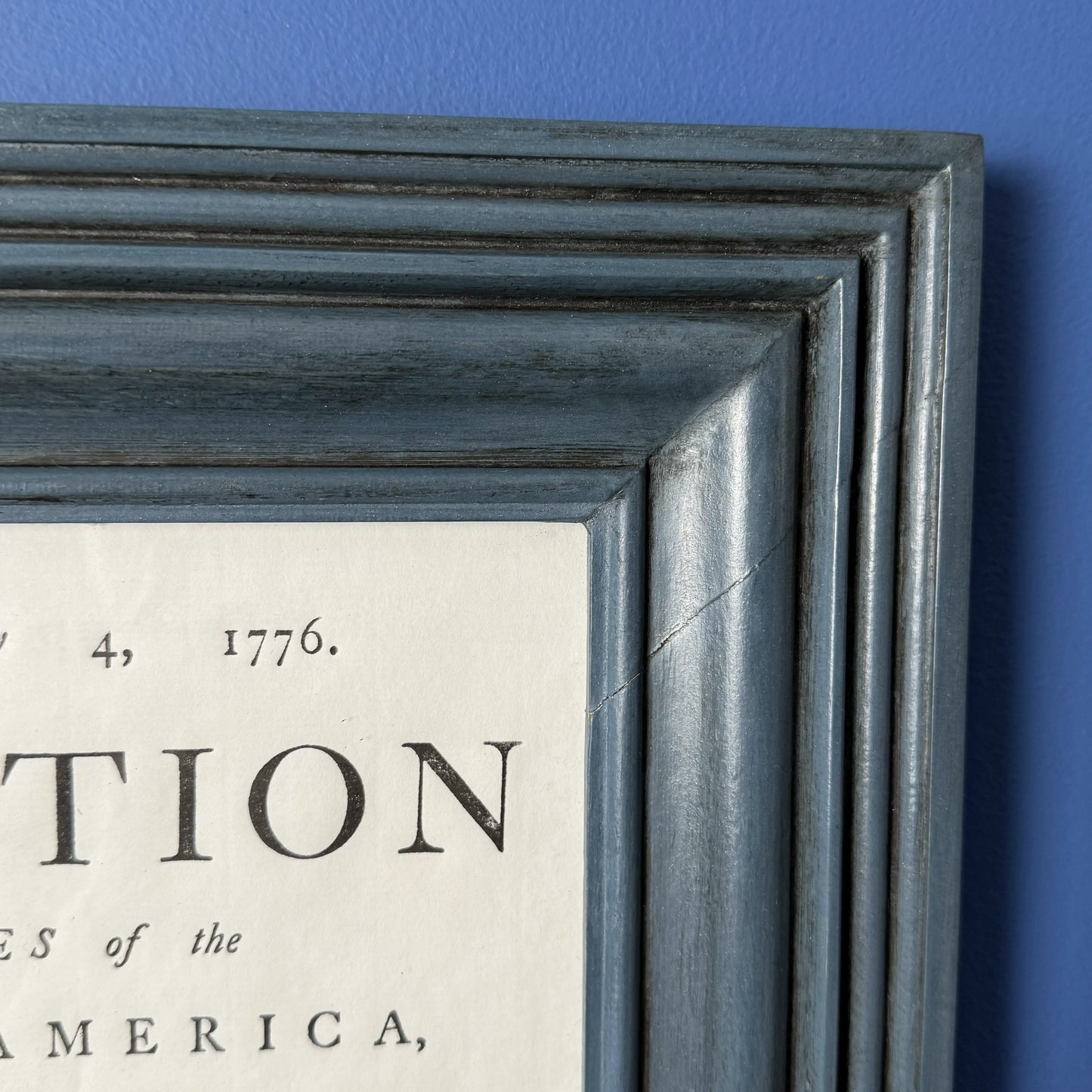 Edes and Gill Broadside "Declaration of Independence" in a handmade solid wood frame in Federal blue
