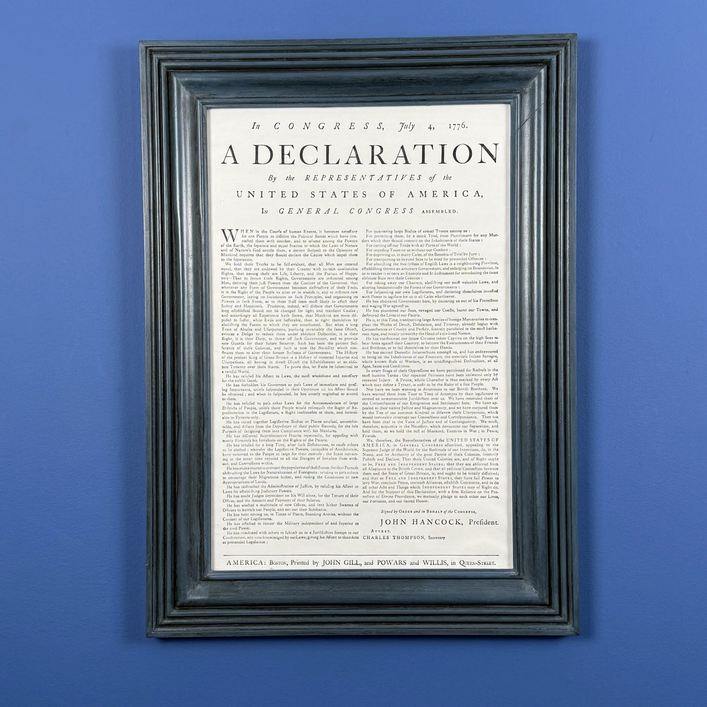 Edes and Gill Broadside "Declaration of Independence" in a handmade solid wood frame in Federal blue