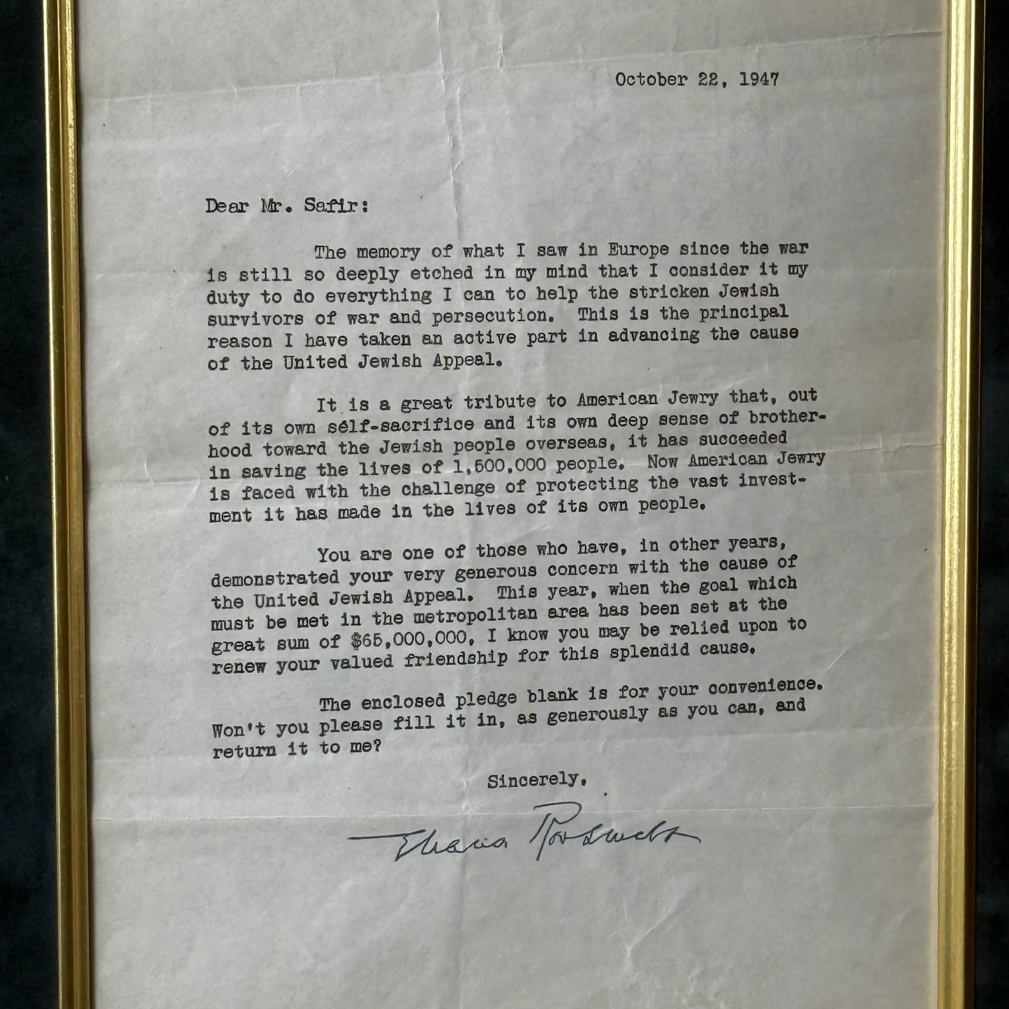 Framed Eleanor Roosevelt signed letter to aid American Jewish fundraising after WWII