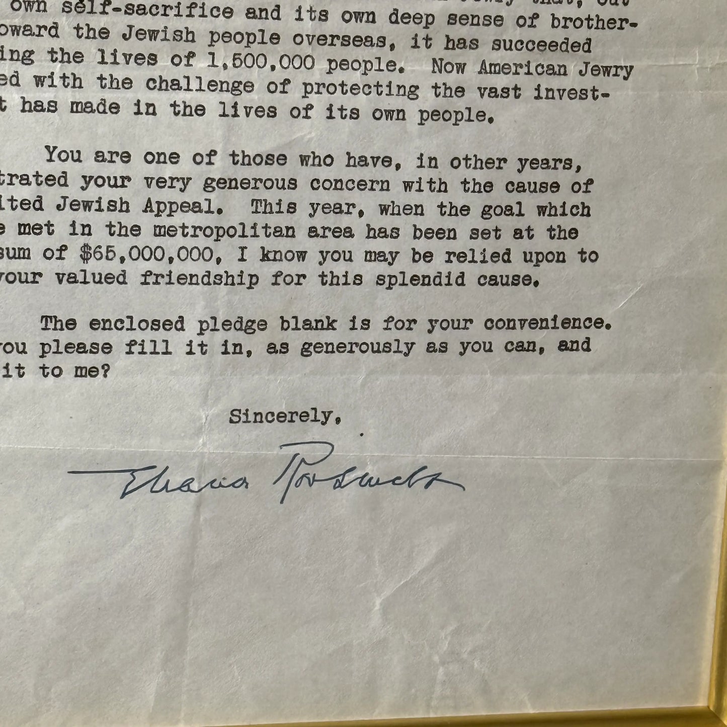 Framed Eleanor Roosevelt signed letter to aid American Jewish fundraising after WWII