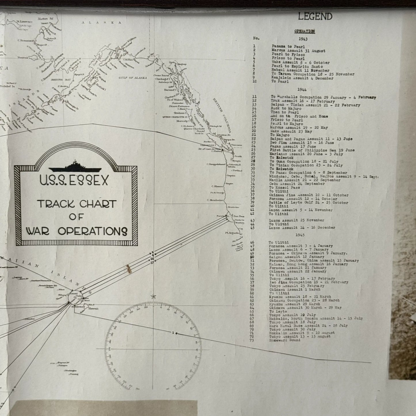 WWII USS Essex Aircraft Carrier Track Chart of War Operations in WWII