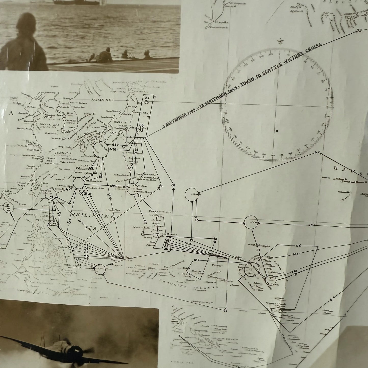 WWII USS Essex Aircraft Carrier Track Chart of War Operations in WWII
