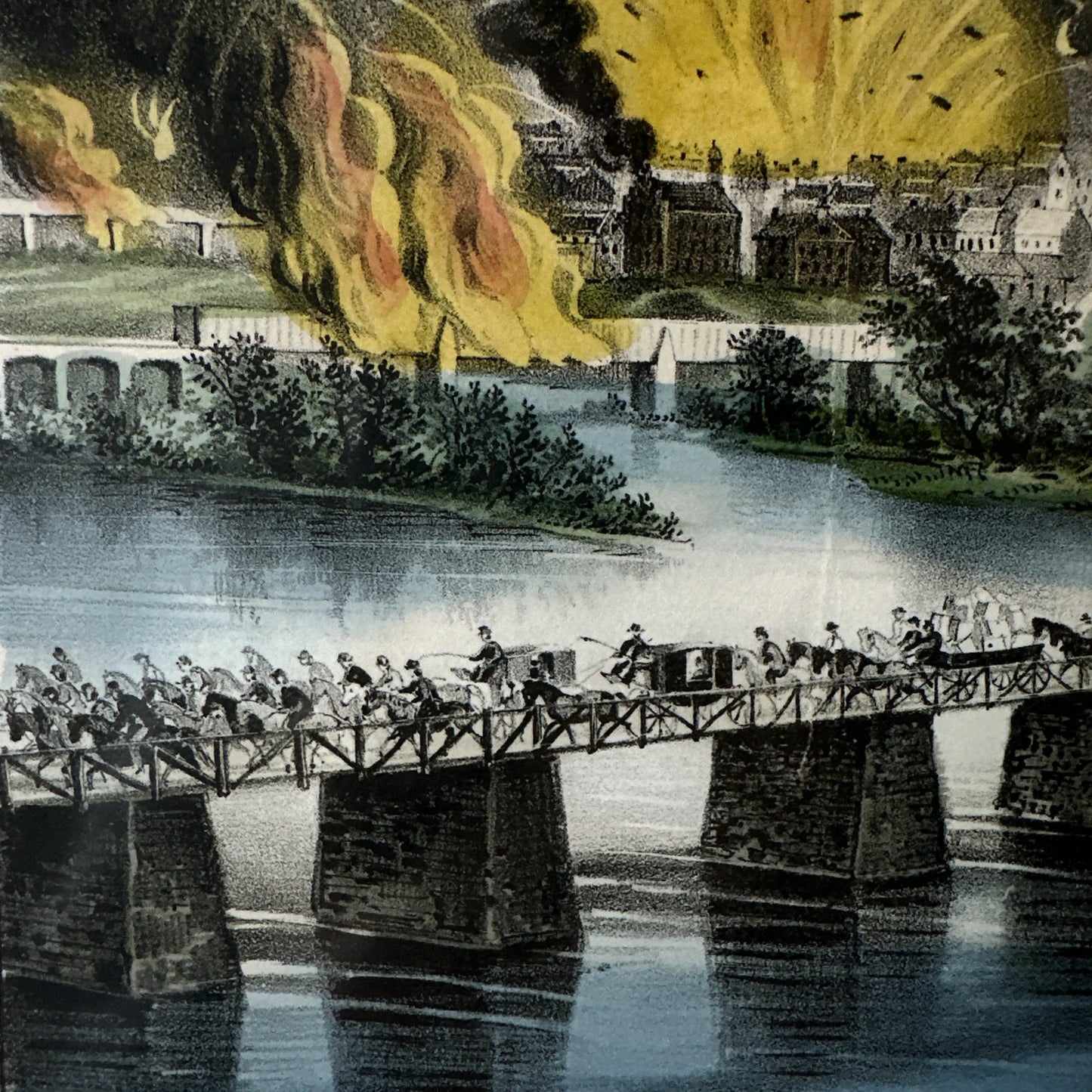 Currier & Ives hand-colored original print, "The Fall of Richmond, Virginia, on the Night of April 2nd, 1865," in an antique frame