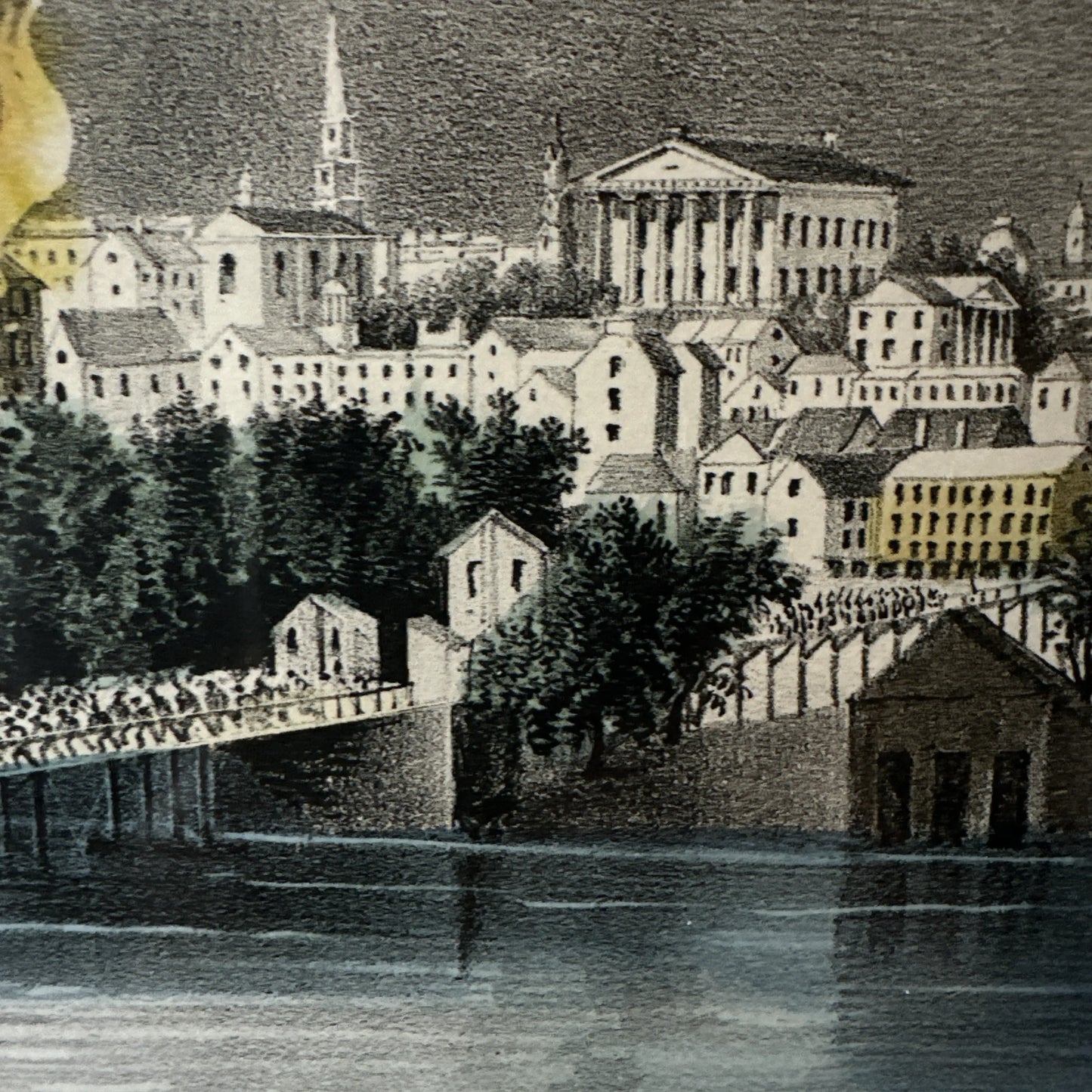 Currier & Ives hand-colored original print, "The Fall of Richmond, Virginia, on the Night of April 2nd, 1865," in an antique frame