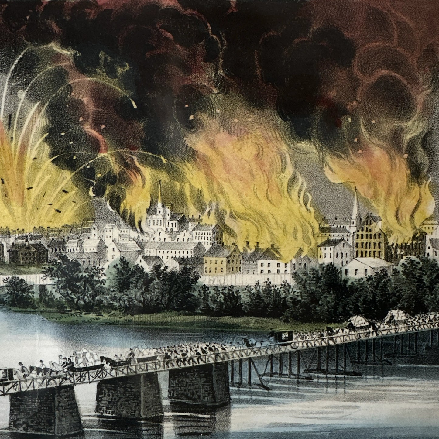 Currier & Ives hand-colored original print, "The Fall of Richmond, Virginia, on the Night of April 2nd, 1865," in an antique frame