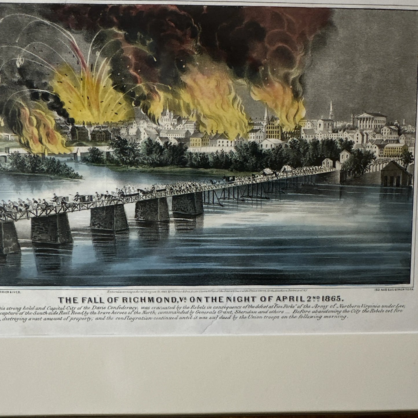 Currier & Ives hand-colored original print, "The Fall of Richmond, Virginia, on the Night of April 2nd, 1865," in an antique frame