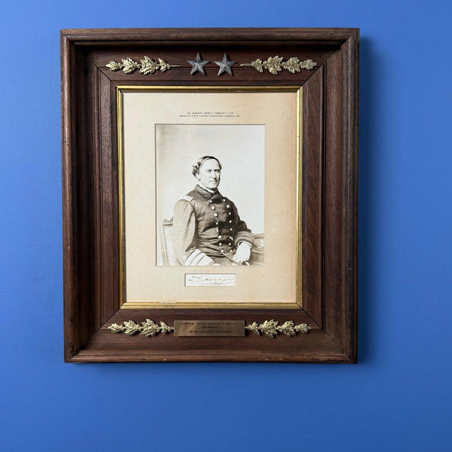 U.S. Navy's First Admiral, David G. Farragut, with photo and signature — Framed