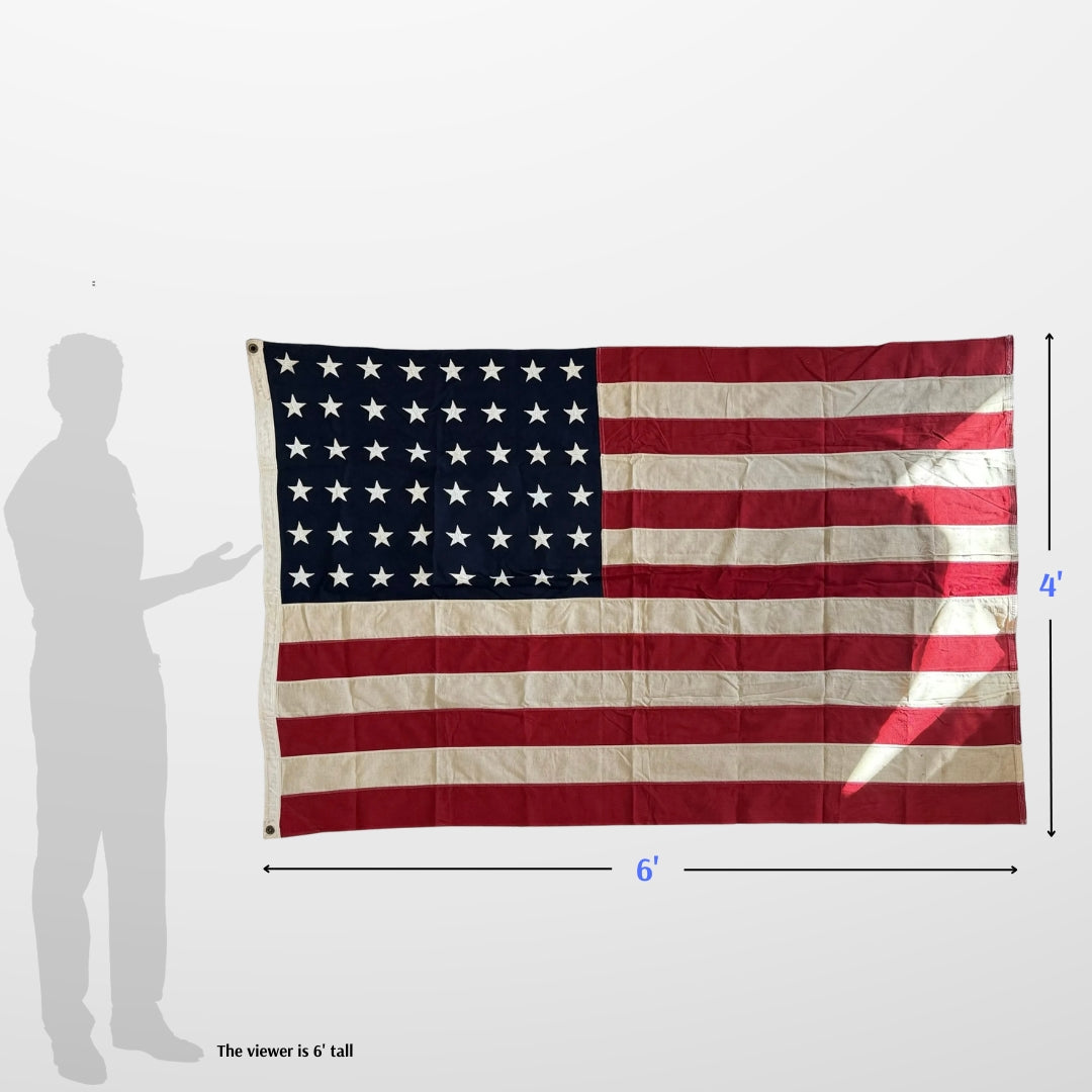 48-star cotton flag with sewn stars and stripes — a little less than 4' x 6'