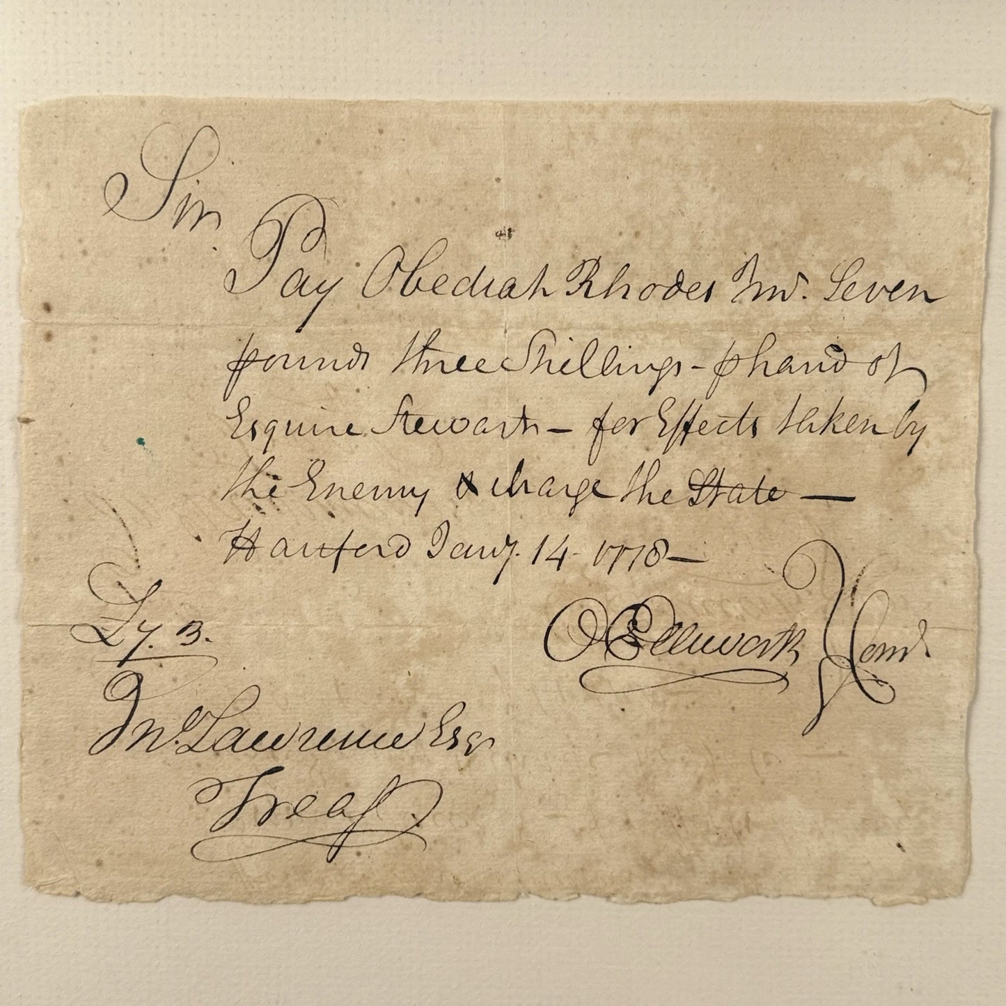1778 handwritten document to pay for items taken "by the enemy" — Signed by future Chief Justice Oliver Ellsworth