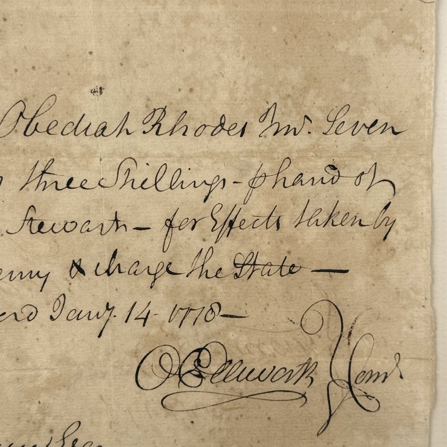 1778 handwritten document to pay for items taken "by the enemy" — Signed by future Chief Justice Oliver Ellsworth