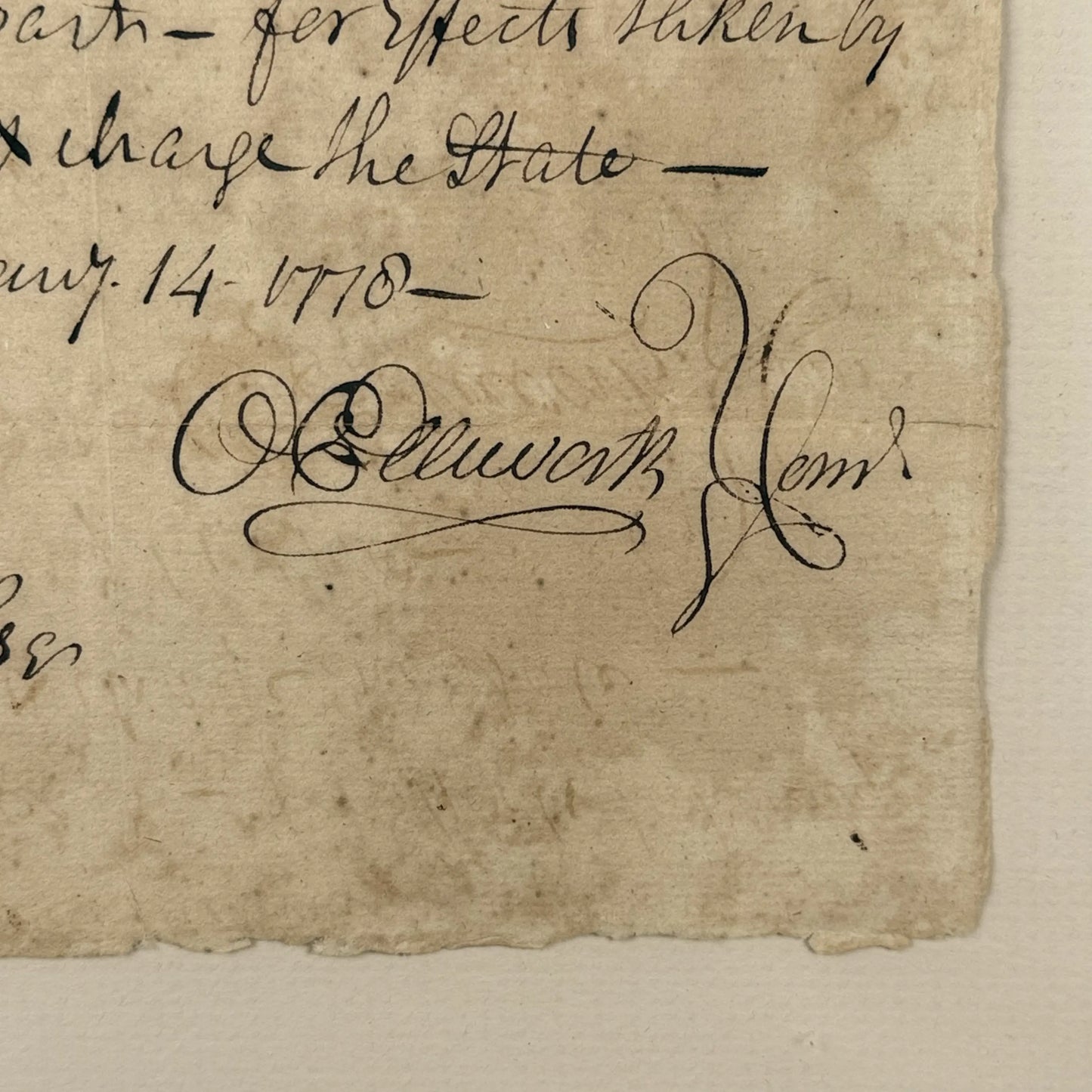 1778 handwritten document to pay for items taken "by the enemy" — Signed by future Chief Justice Oliver Ellsworth