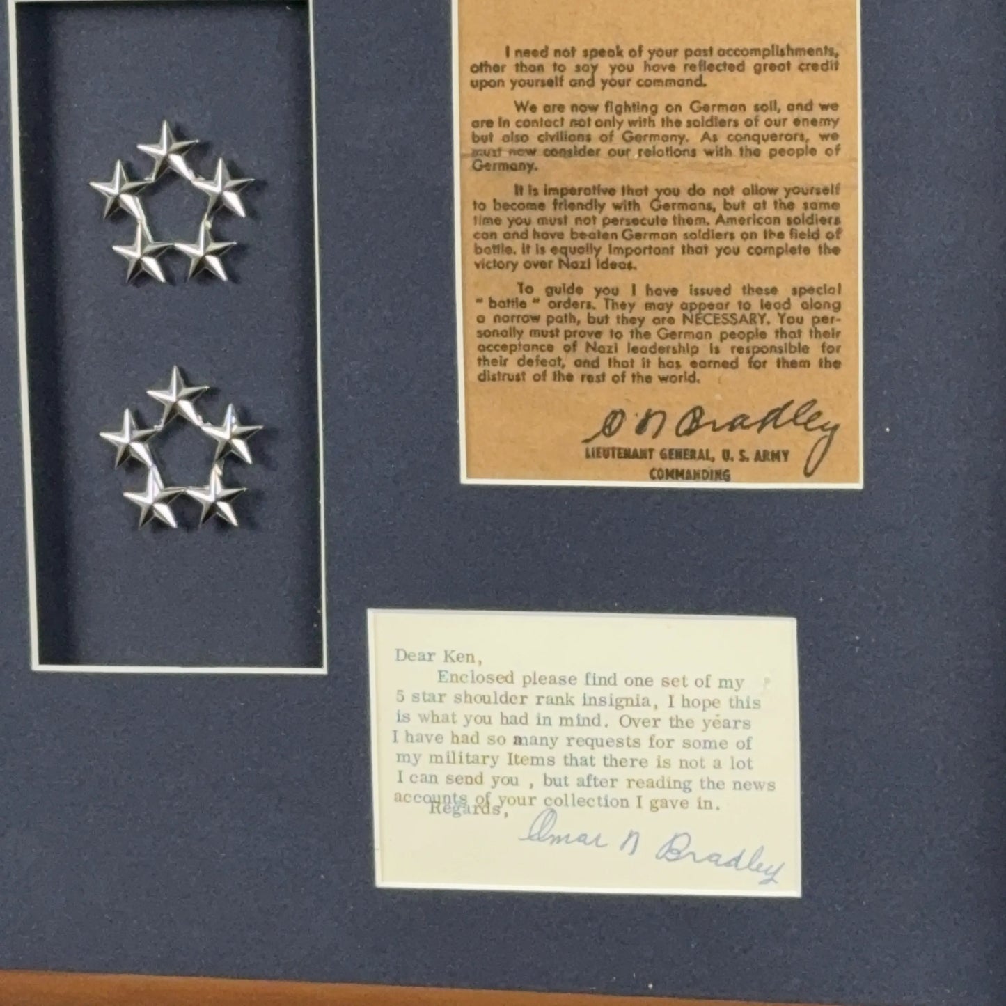 General Omar Bradley Collection — Signed photo, pair of his five star pins