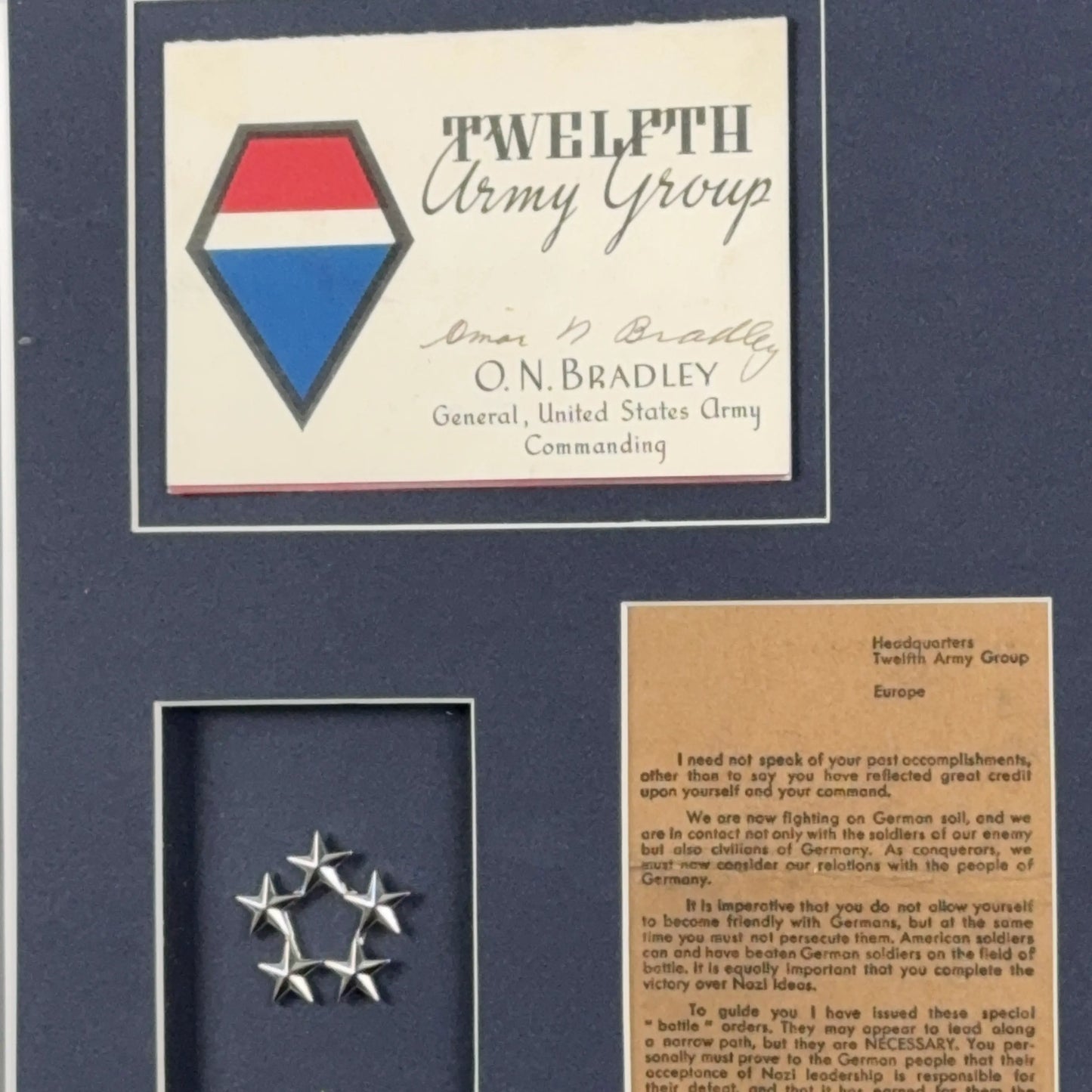 General Omar Bradley Collection — Signed photo, pair of his five star pins