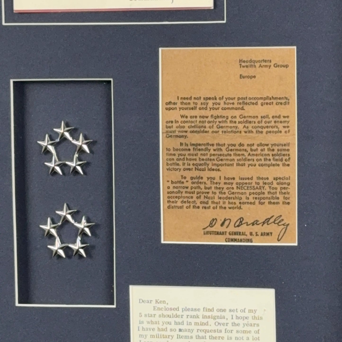 General Omar Bradley Collection — Signed photo, pair of his five star pins