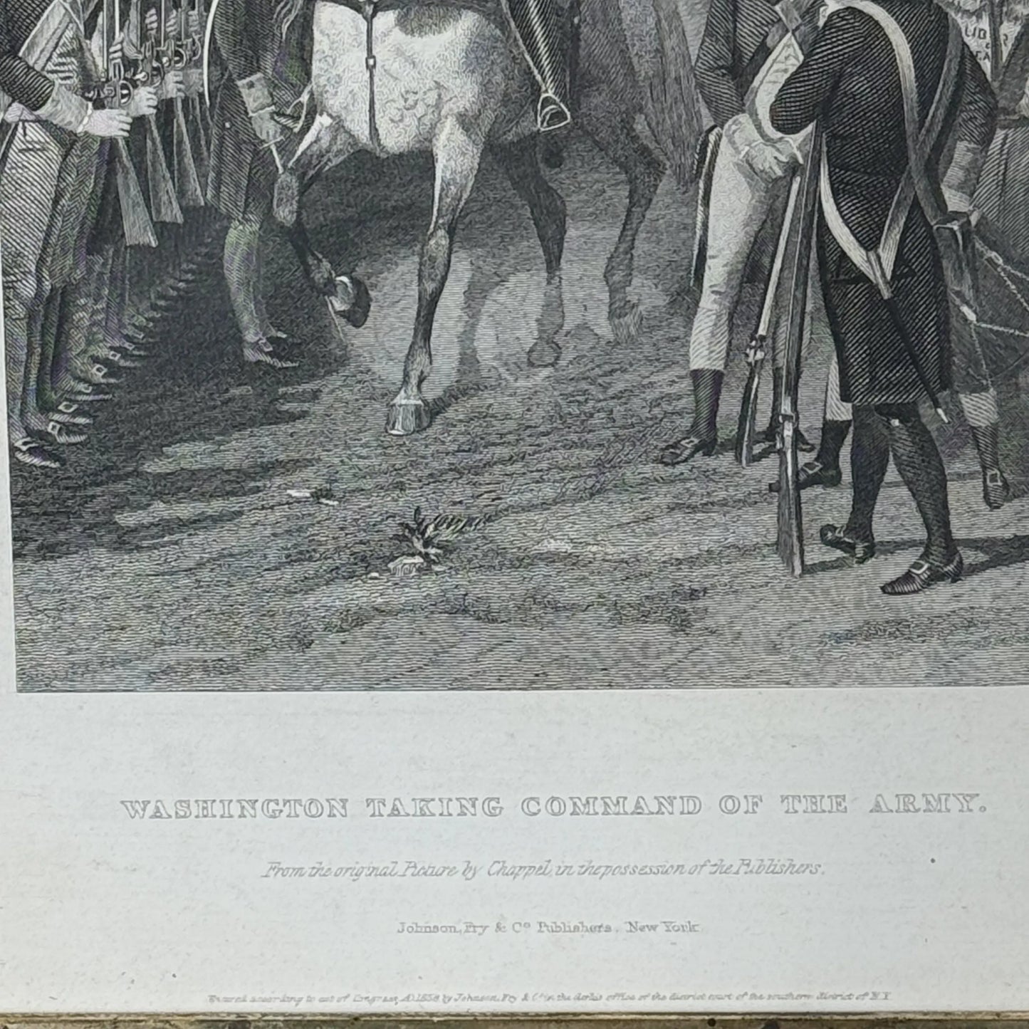 "Washington Taking Command of the Army" — 1858 engraving in an antique frame