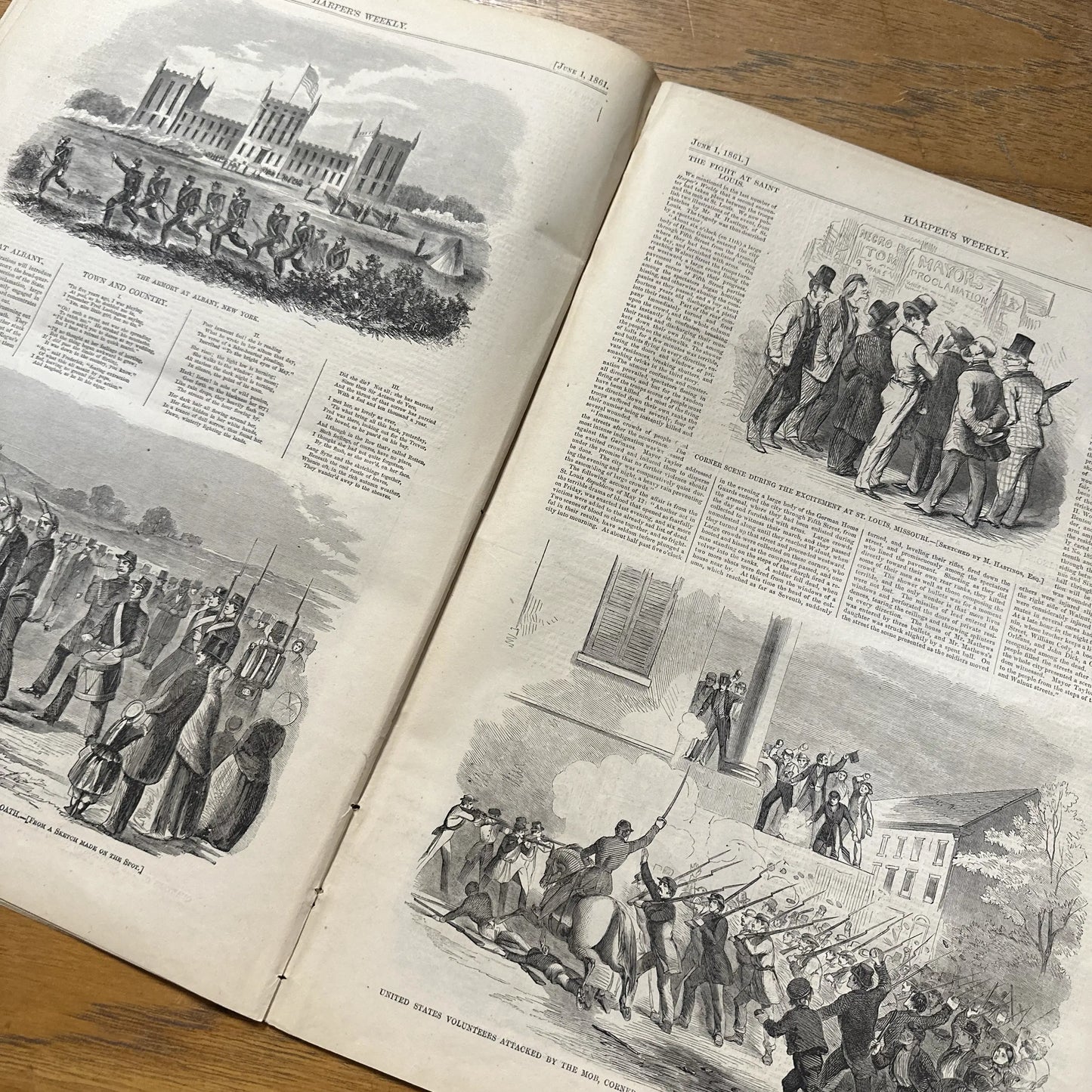 "Harper's Weekly" for June 1, 1861 with a large illustration of the Quarters of the 69th (Irish) regiment NY State Militia, at Georgetown College in Washington