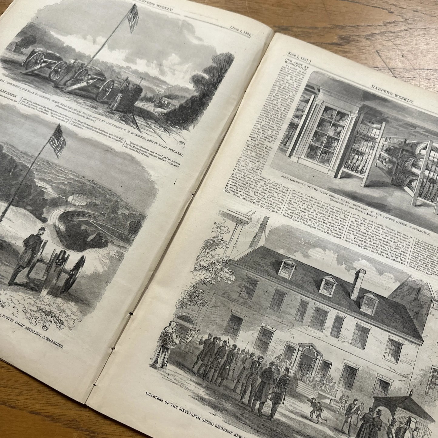 "Harper's Weekly" for June 1, 1861 with a large illustration of the Quarters of the 69th (Irish) regiment NY State Militia, at Georgetown College in Washington