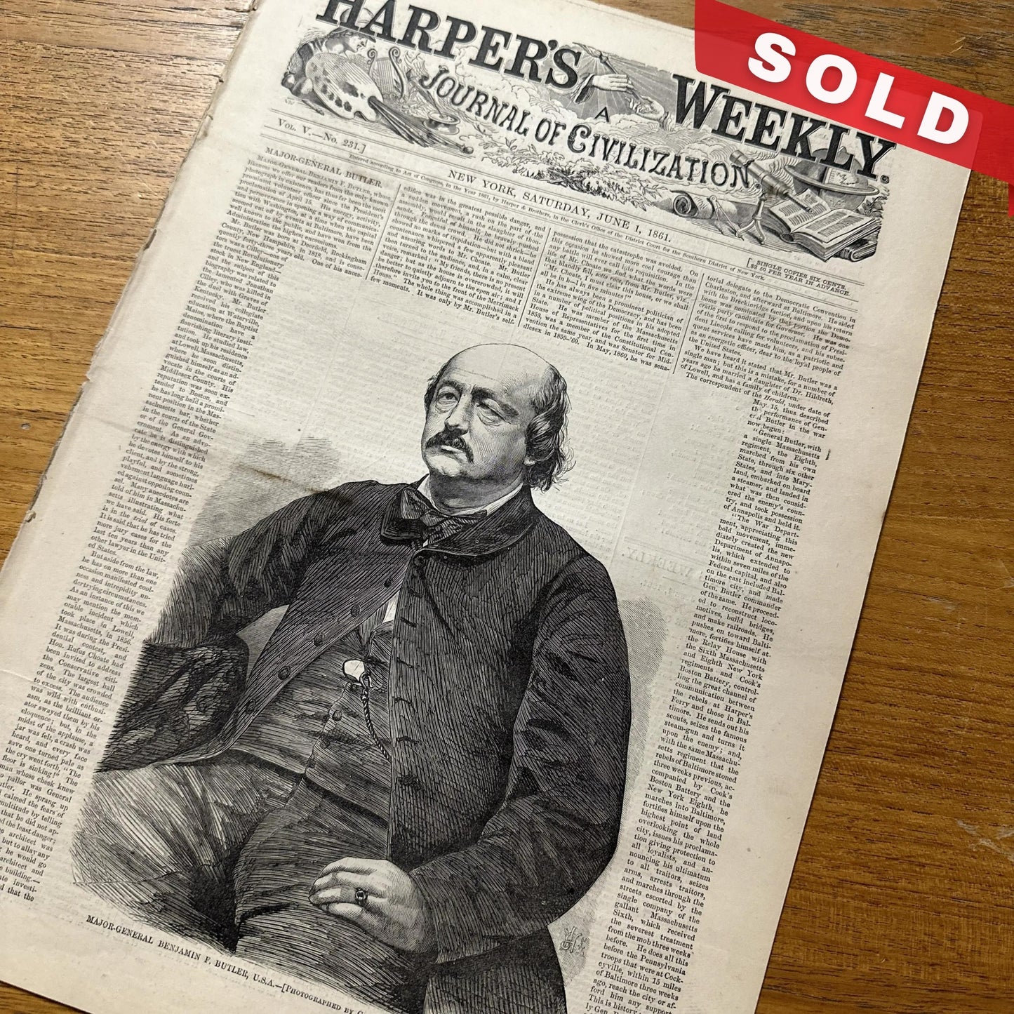 "Harper's Weekly" for June 1, 1861 with a large illustration of the Quarters of the 69th (Irish) regiment NY State Militia, at Georgetown College in Washington