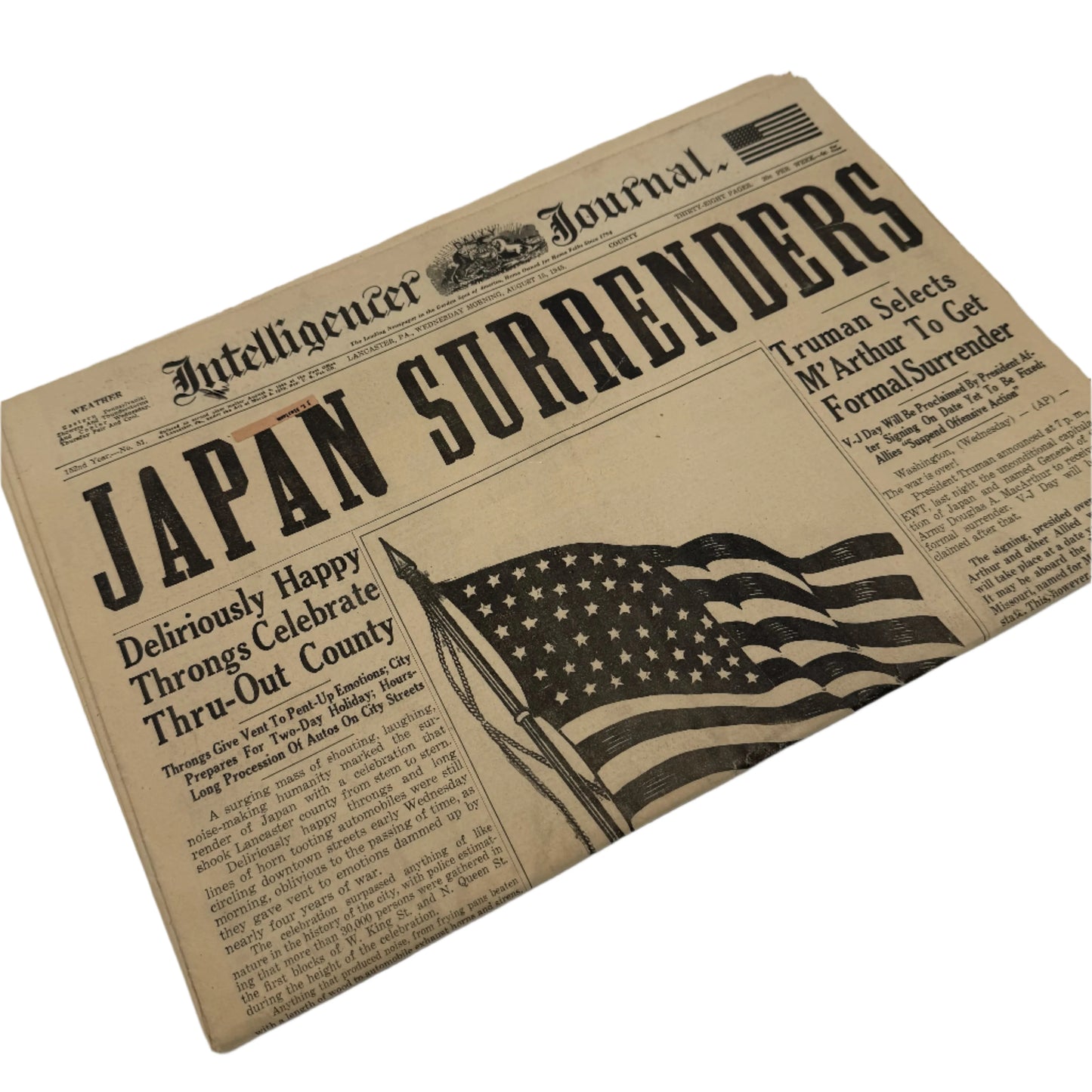 Newspapers covering of the Attack on Pearl Harbor on December 8, 1941 and the Japanese Surrender in 1945