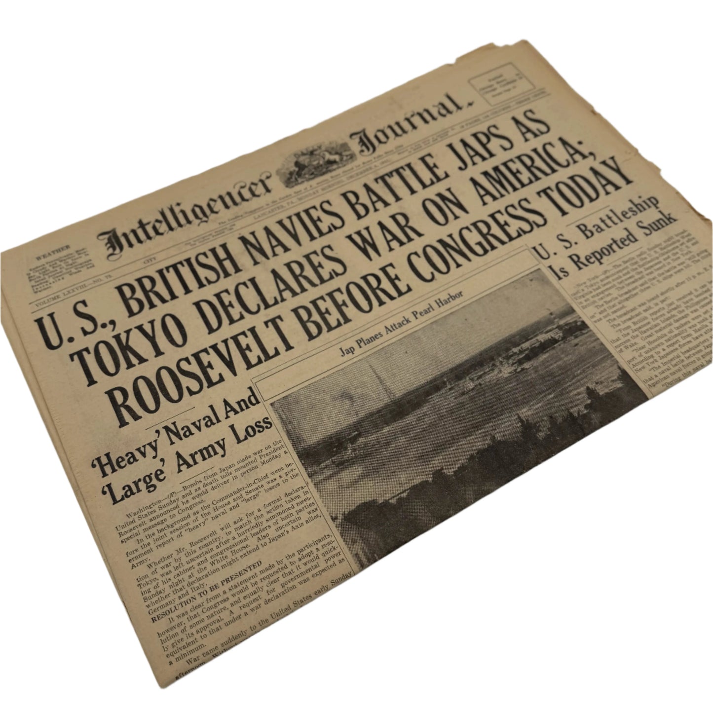 Newspapers covering of the Attack on Pearl Harbor on December 8, 1941 and the Japanese Surrender in 1945