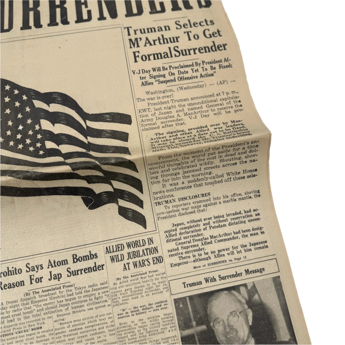 Newspapers covering of the Attack on Pearl Harbor on December 8, 1941 and the Japanese Surrender in 1945
