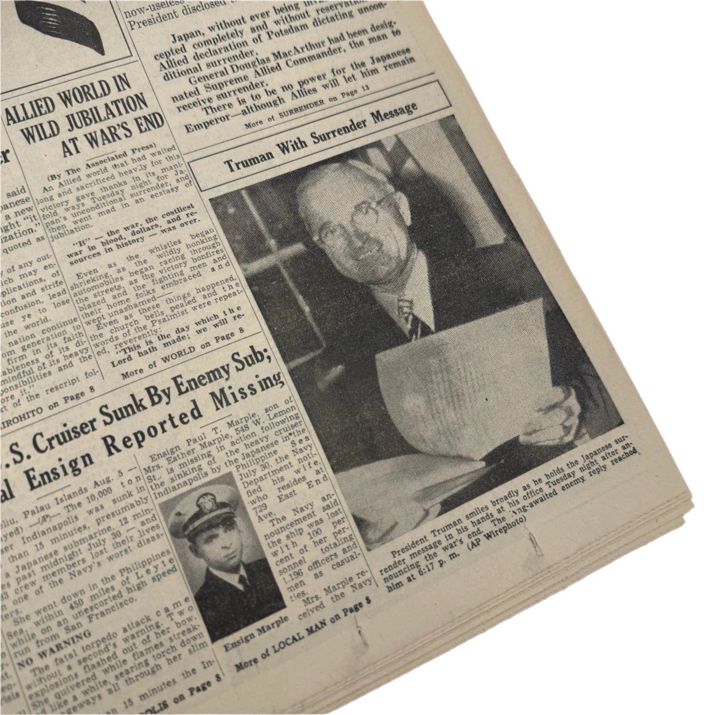 Newspapers covering of the Attack on Pearl Harbor on December 8, 1941 and the Japanese Surrender in 1945