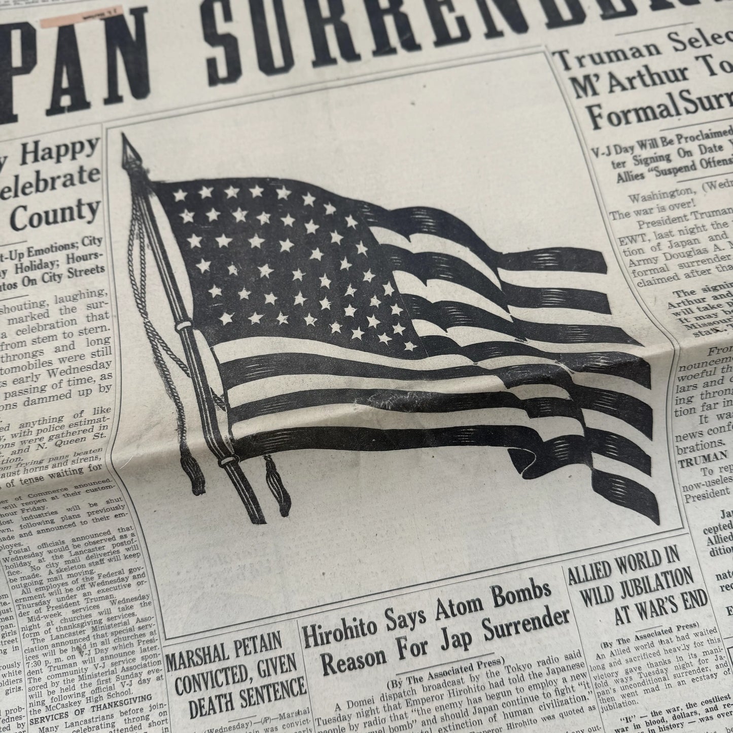 Newspapers covering of the Attack on Pearl Harbor on December 8, 1941 and the Japanese Surrender in 1945