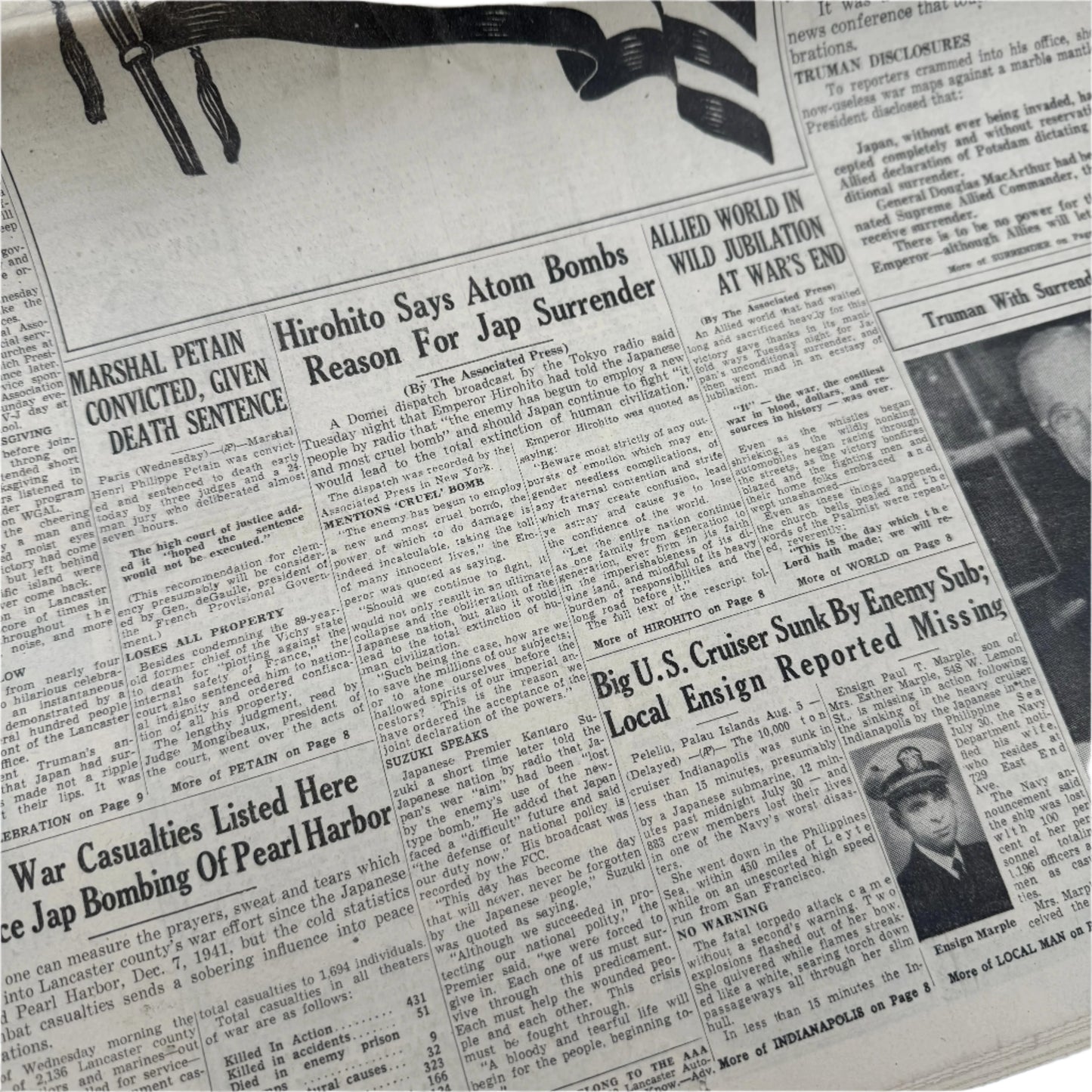 Newspapers covering of the Attack on Pearl Harbor on December 8, 1941 and the Japanese Surrender in 1945