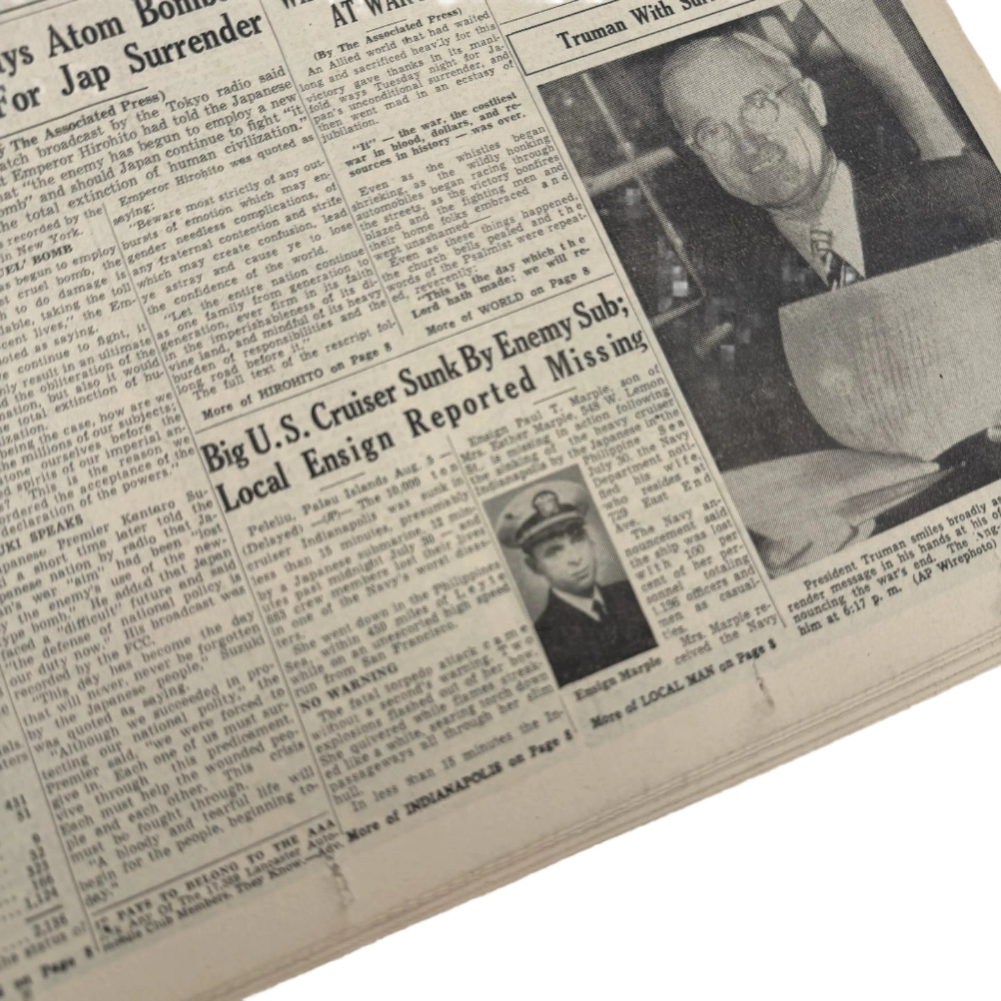 Newspapers covering of the Attack on Pearl Harbor on December 8, 1941 and the Japanese Surrender in 1945