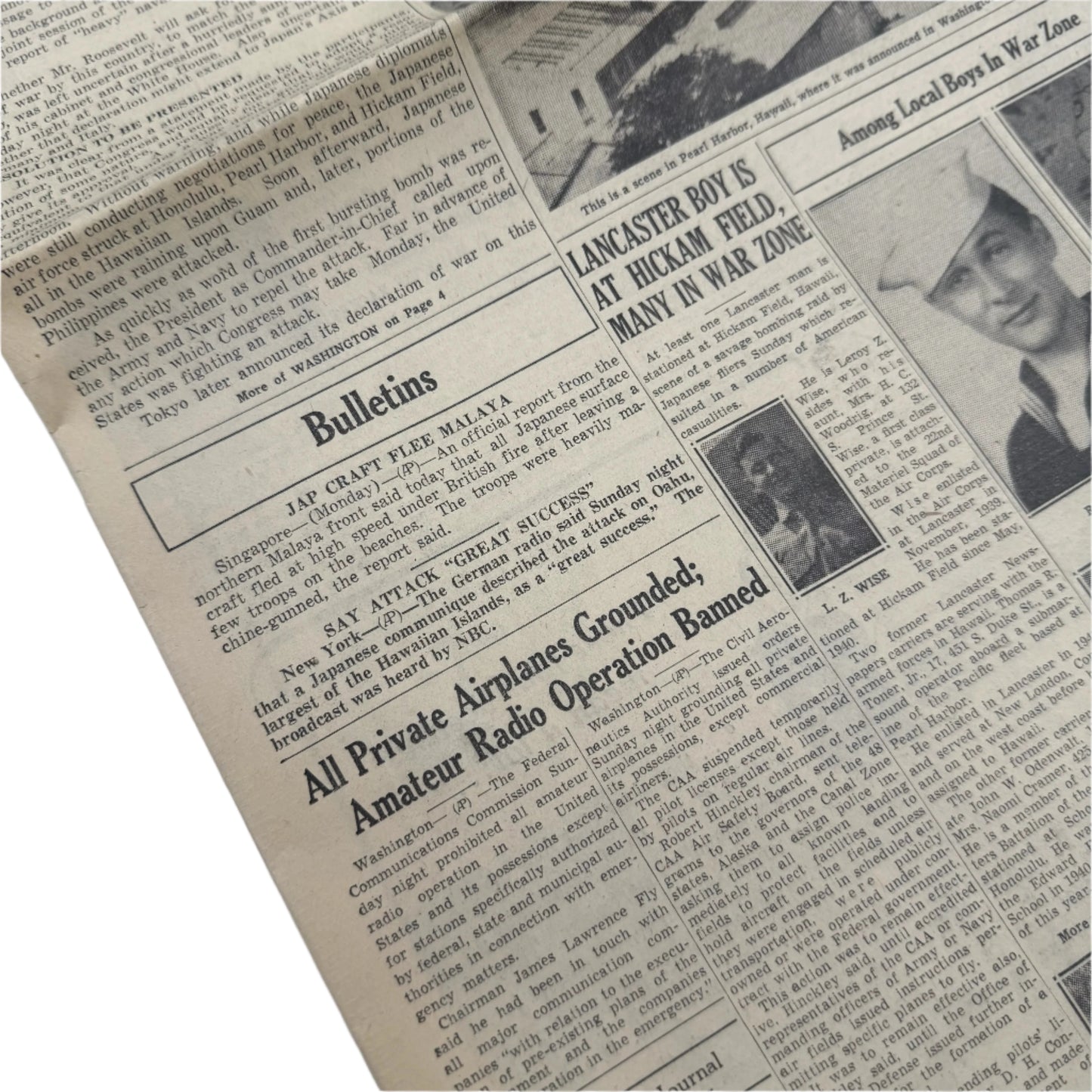 Newspapers covering of the Attack on Pearl Harbor on December 8, 1941 and the Japanese Surrender in 1945