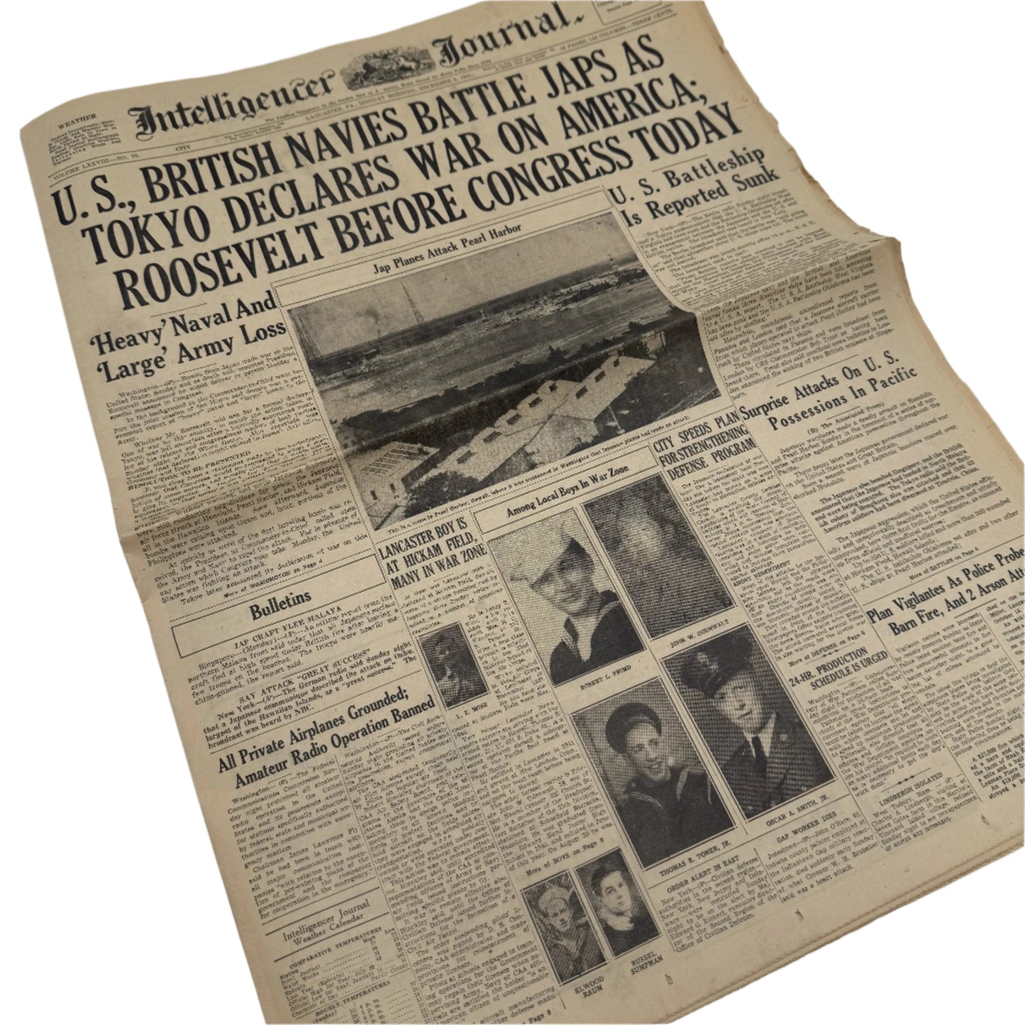 Newspapers covering of the Attack on Pearl Harbor on December 8, 1941 and the Japanese Surrender in 1945
