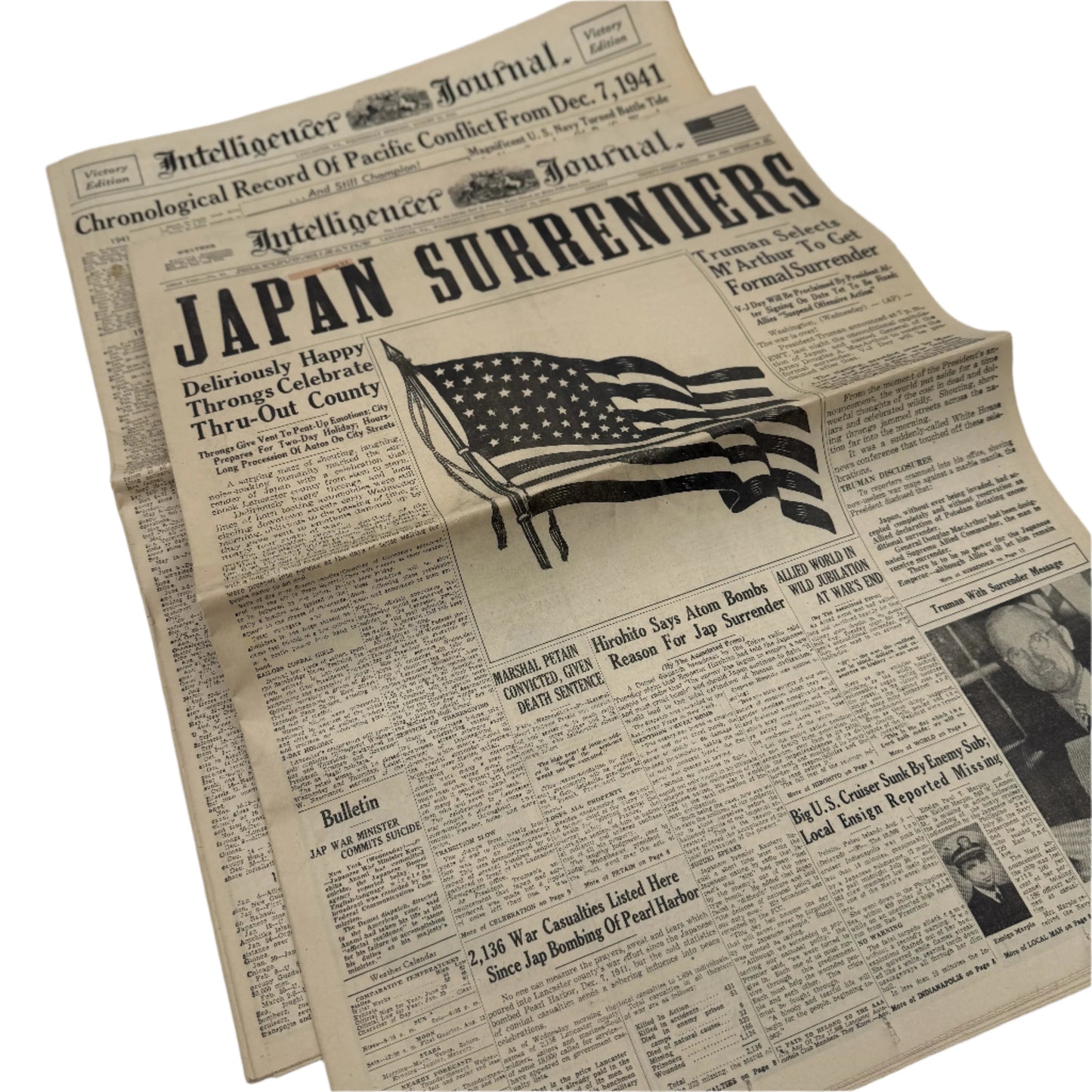 Newspapers covering of the Attack on Pearl Harbor on December 8, 1941 and the Japanese Surrender in 1945