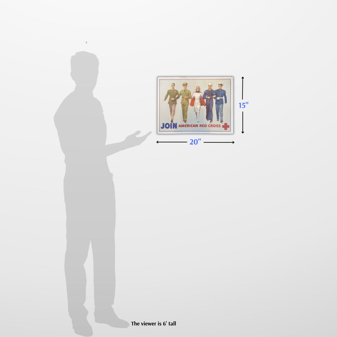 Original WWII Poster — "Join American Red Cross" with Army Air Corps, Army, Nurse, Navy, Marine — 1942