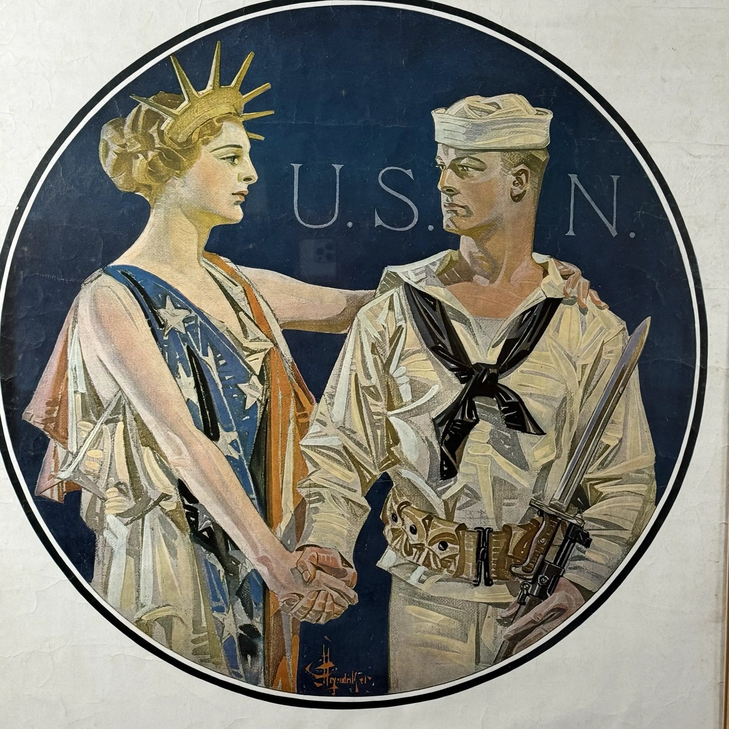 Original 1917 WWI Poster — "America Calls - Enlist In The Navy" — 42.75" x 30" — Framed