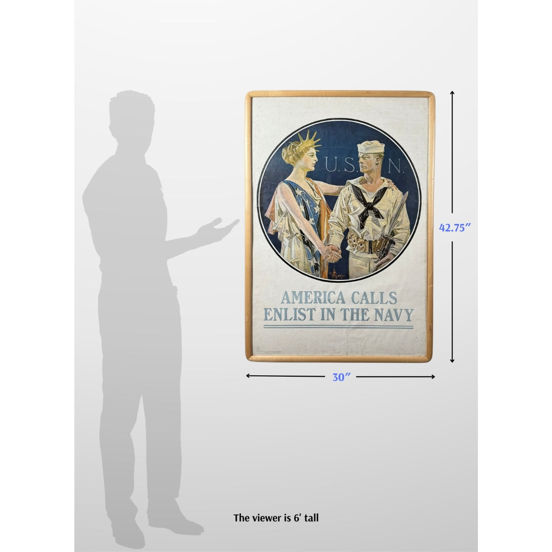 Original 1917 WWI Poster — "America Calls - Enlist In The Navy" — 42.75" x 30" — Framed