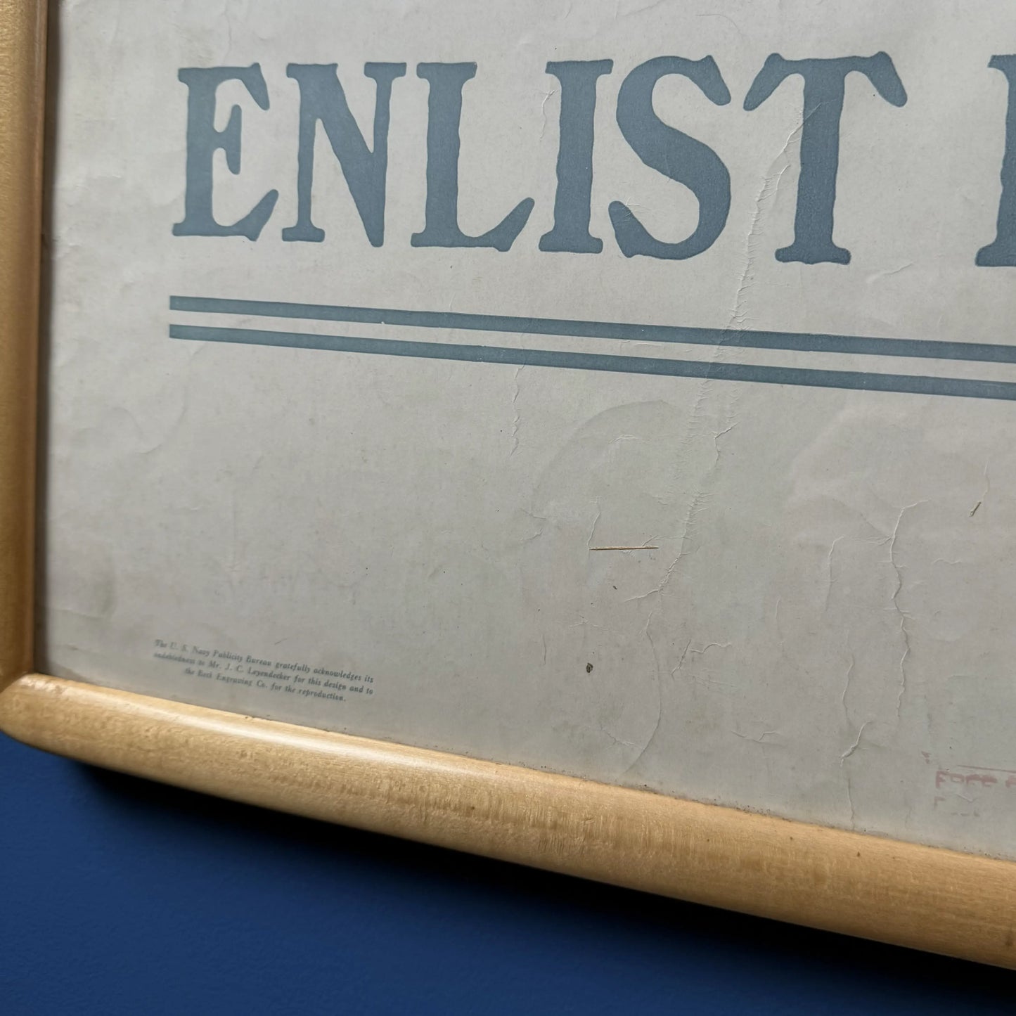 Original 1917 WWI Poster — "America Calls - Enlist In The Navy" — 42.75" x 30" — Framed
