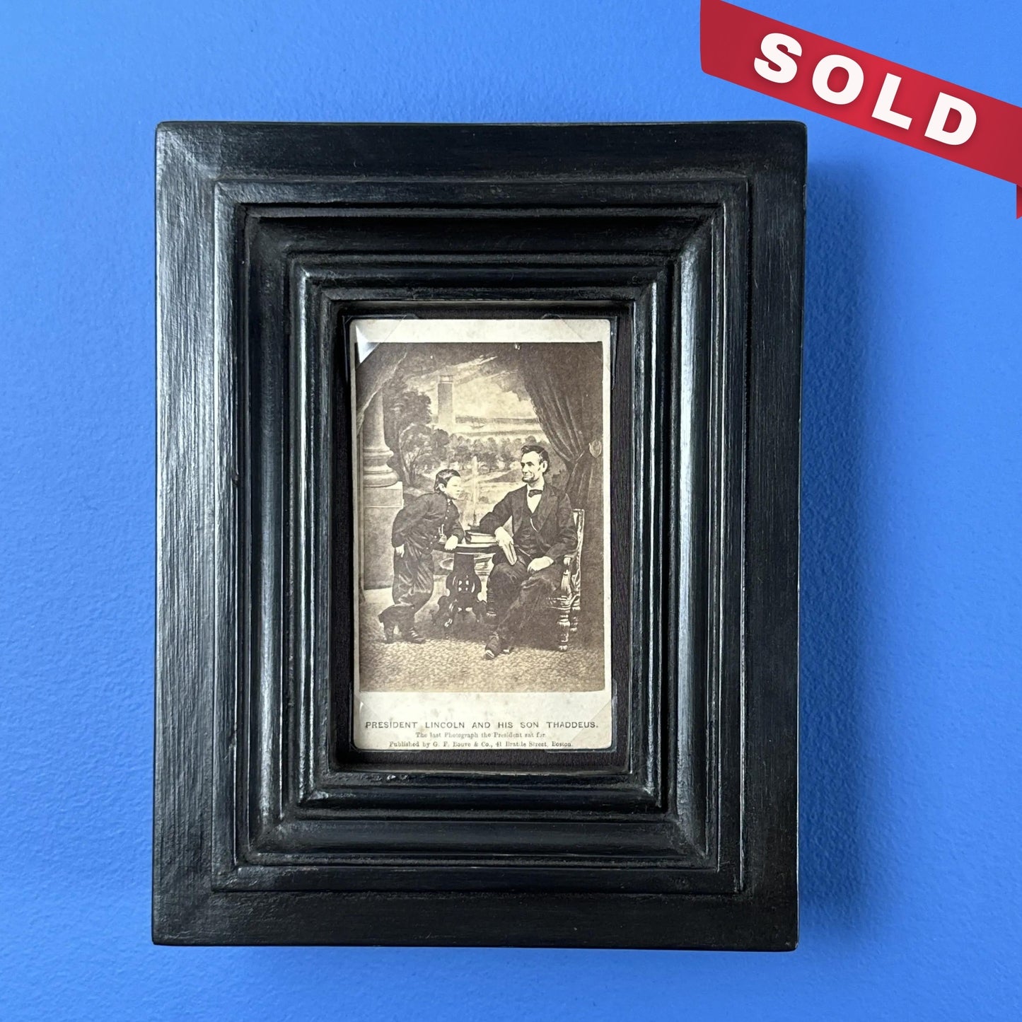 CDV of President Lincoln with Tad —  1865 — In a handmade, solid wood frame