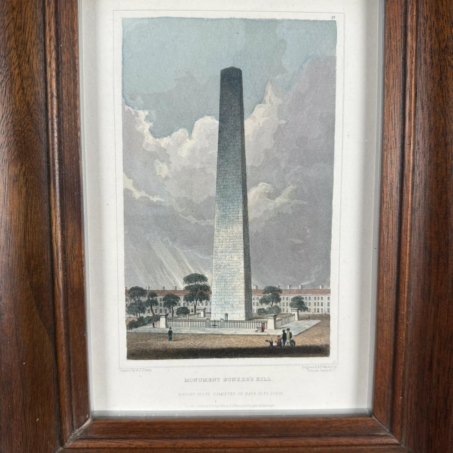 "Monument Bunker's Hill" — 1831 — Colored print in an antique frame