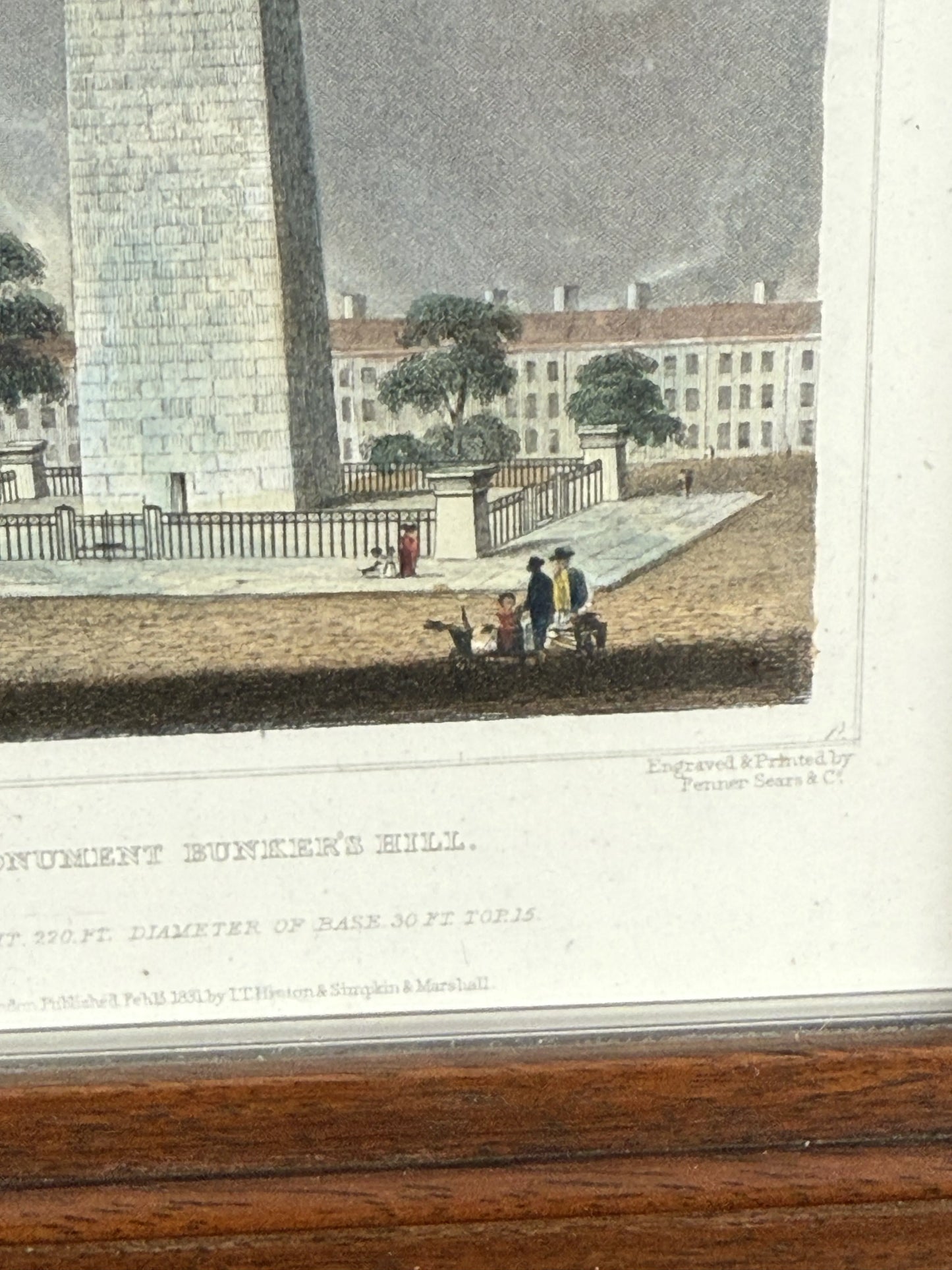"Monument Bunker's Hill" — 1831 — Colored print in an antique frame