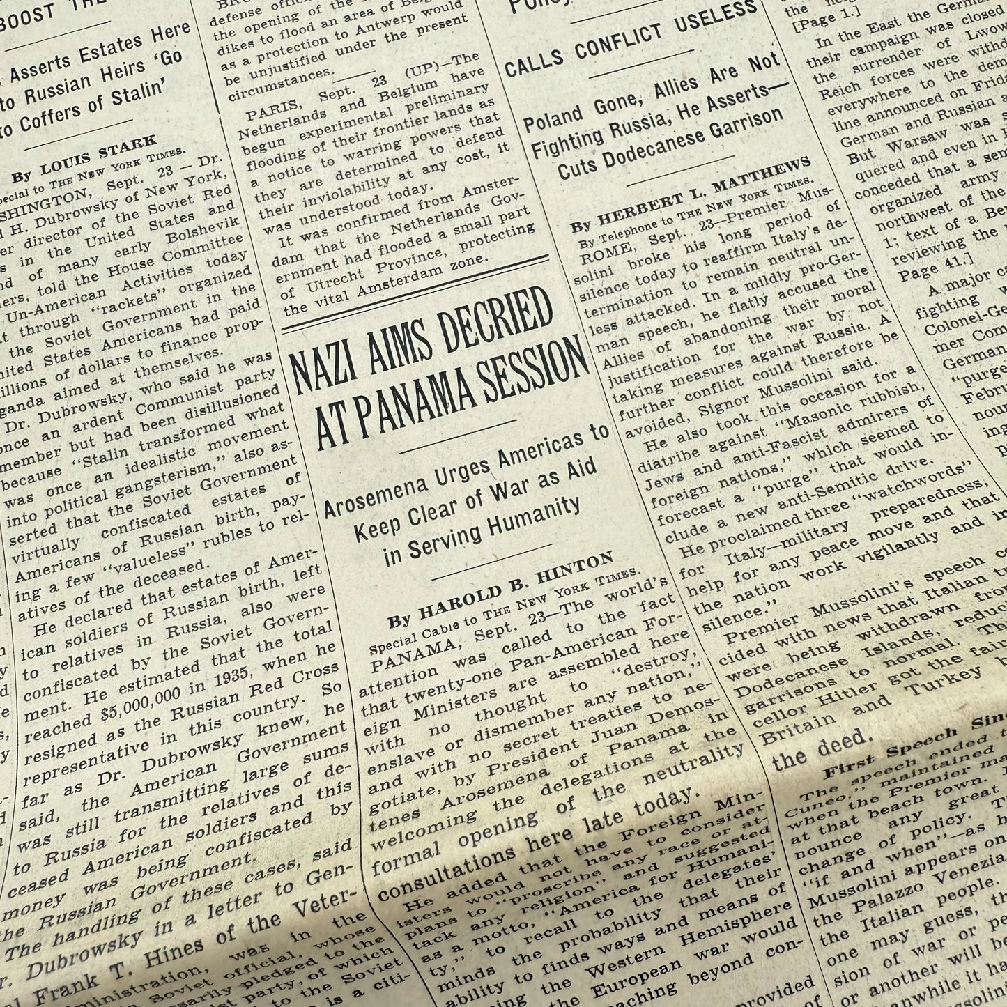 The outbreak of WWII in The New York Times — September 23 and 24, 1939 — Sold as a set