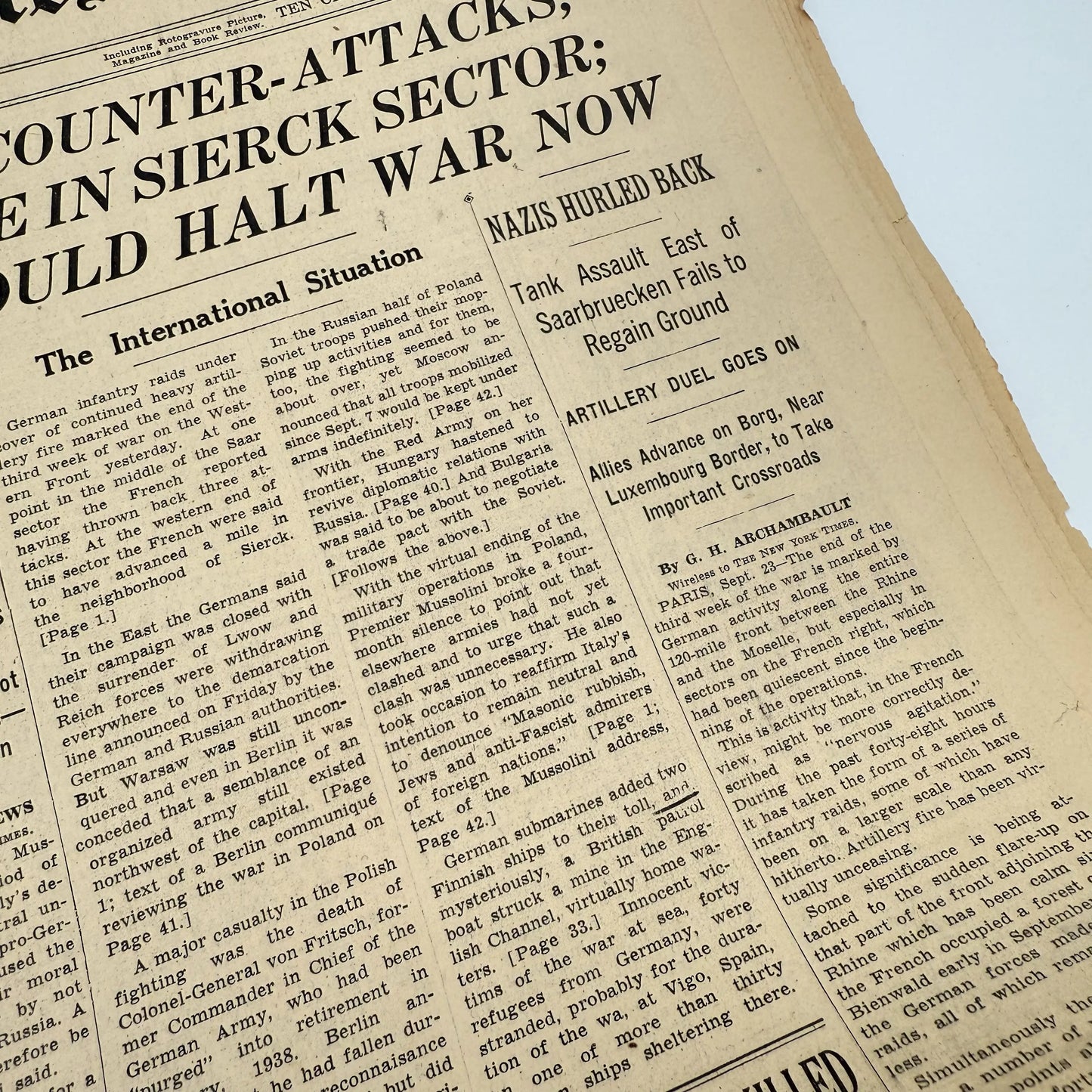 The outbreak of WWII in The New York Times — September 23 and 24, 1939 — Sold as a set