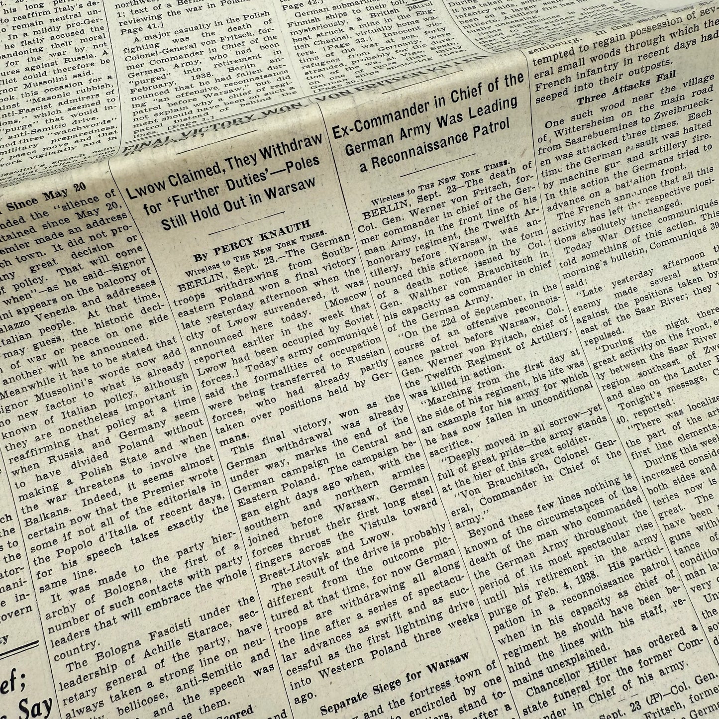 The outbreak of WWII in The New York Times — September 23 and 24, 1939 — Sold as a set