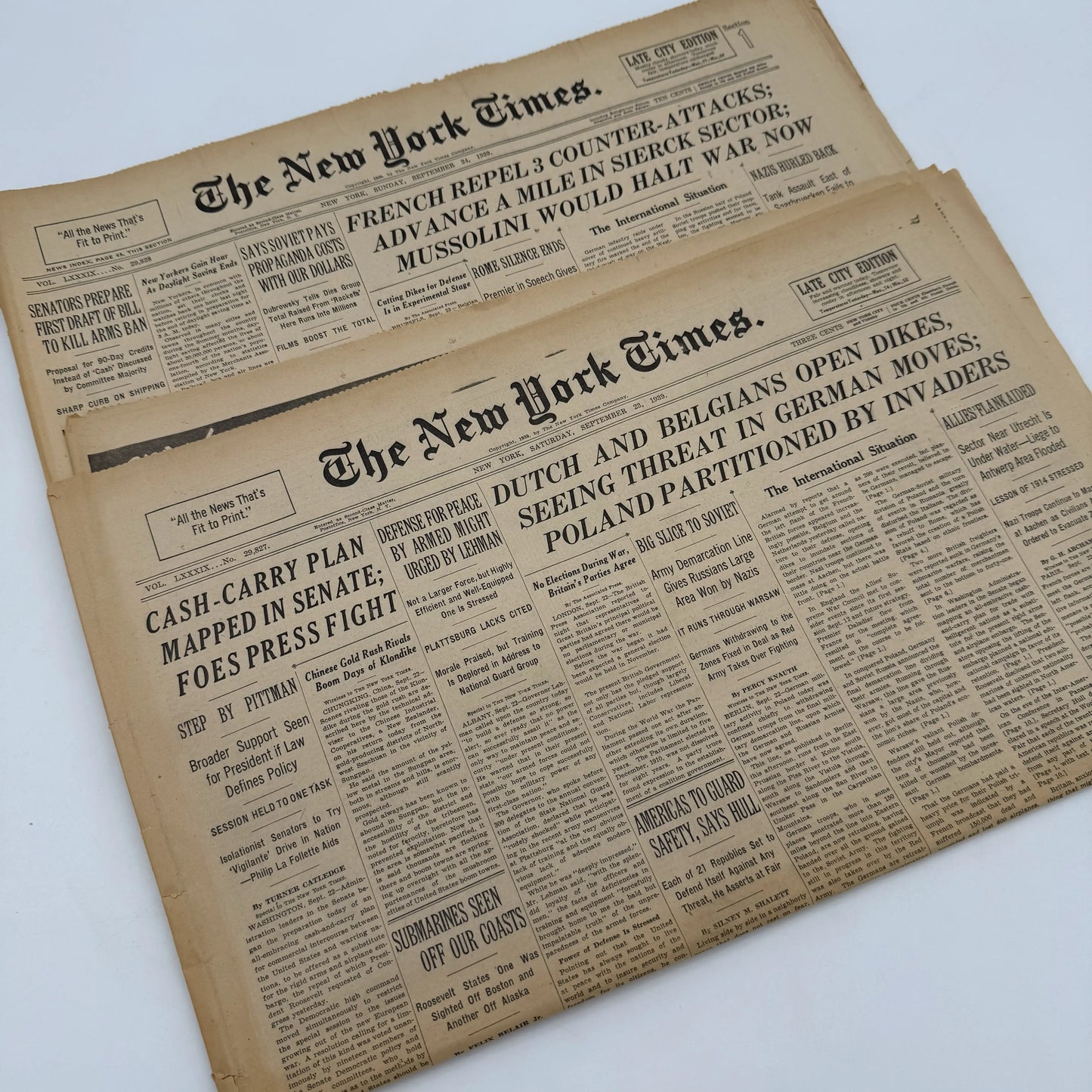 The outbreak of WWII in The New York Times — September 23 and 24, 1939 — Sold as a set