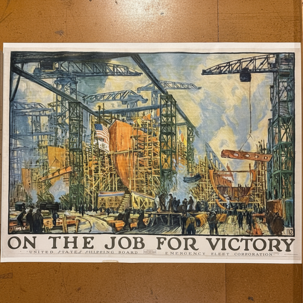 Original 1918 WWI Poster — "On the Job for Victory" — 42" x 57" — Linen-backed