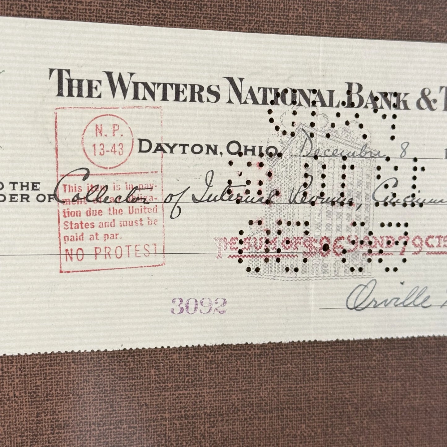 Orville Wright Signed Check to the IRS — 1938