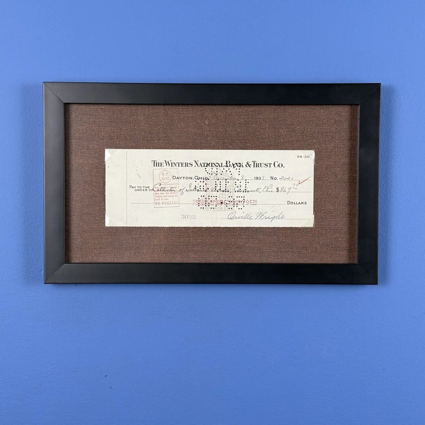 Orville Wright Signed Check to the IRS — 1938