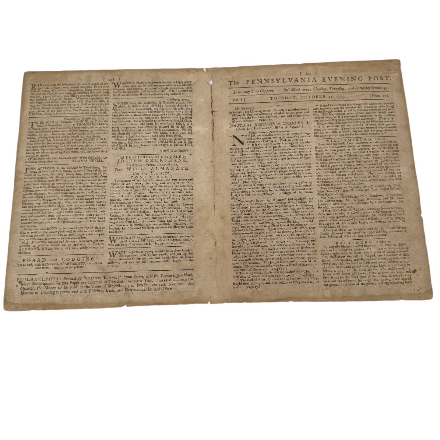 "Pennsylvania Evening Post" with an early reference to "Minutemen" — October 31, 1775